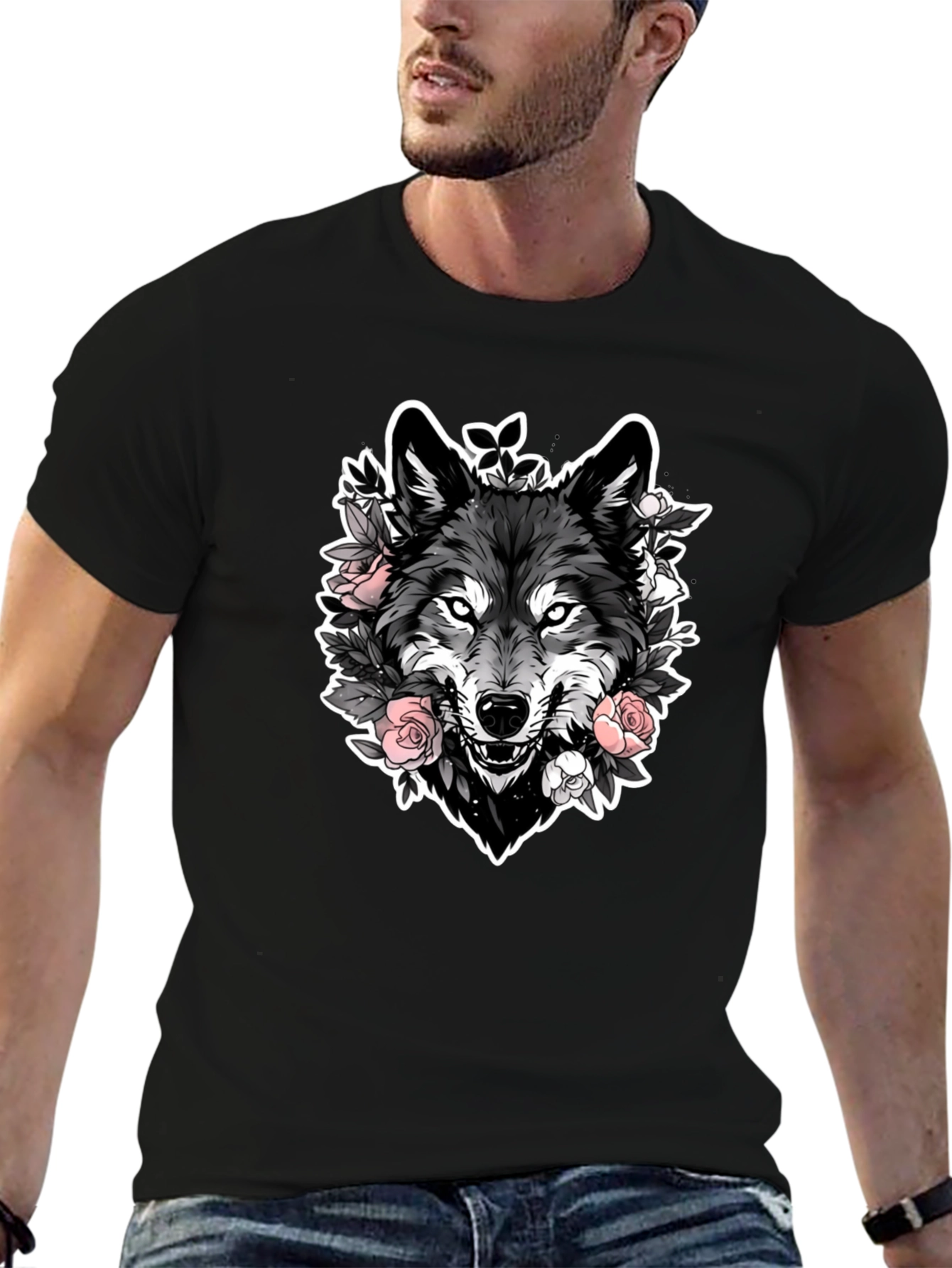 Black Wolf & Roses Graphic Black T-Shirt view 6