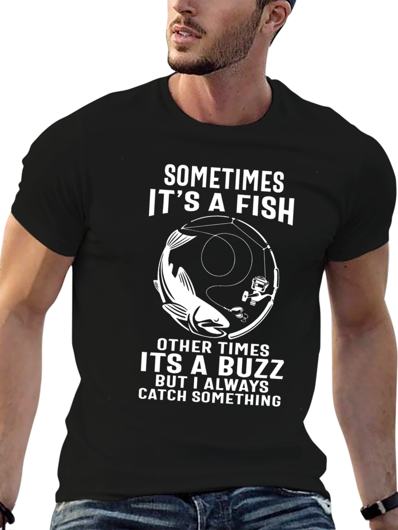 Black Funny Fishing T-Shirt - Catch Something Design view 6