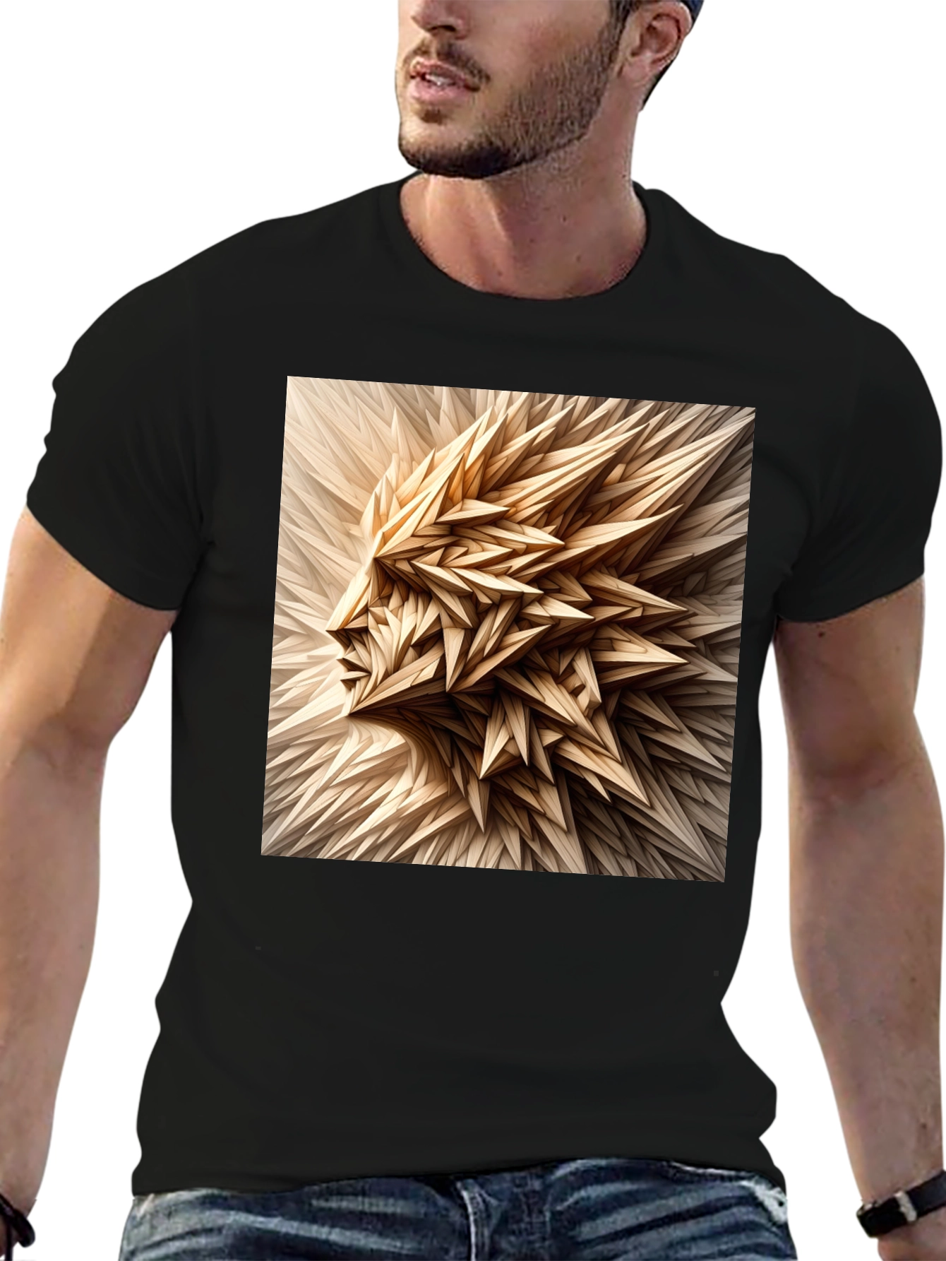 Black Abstract Geometric Face Graphic Black T-Shirt view 6