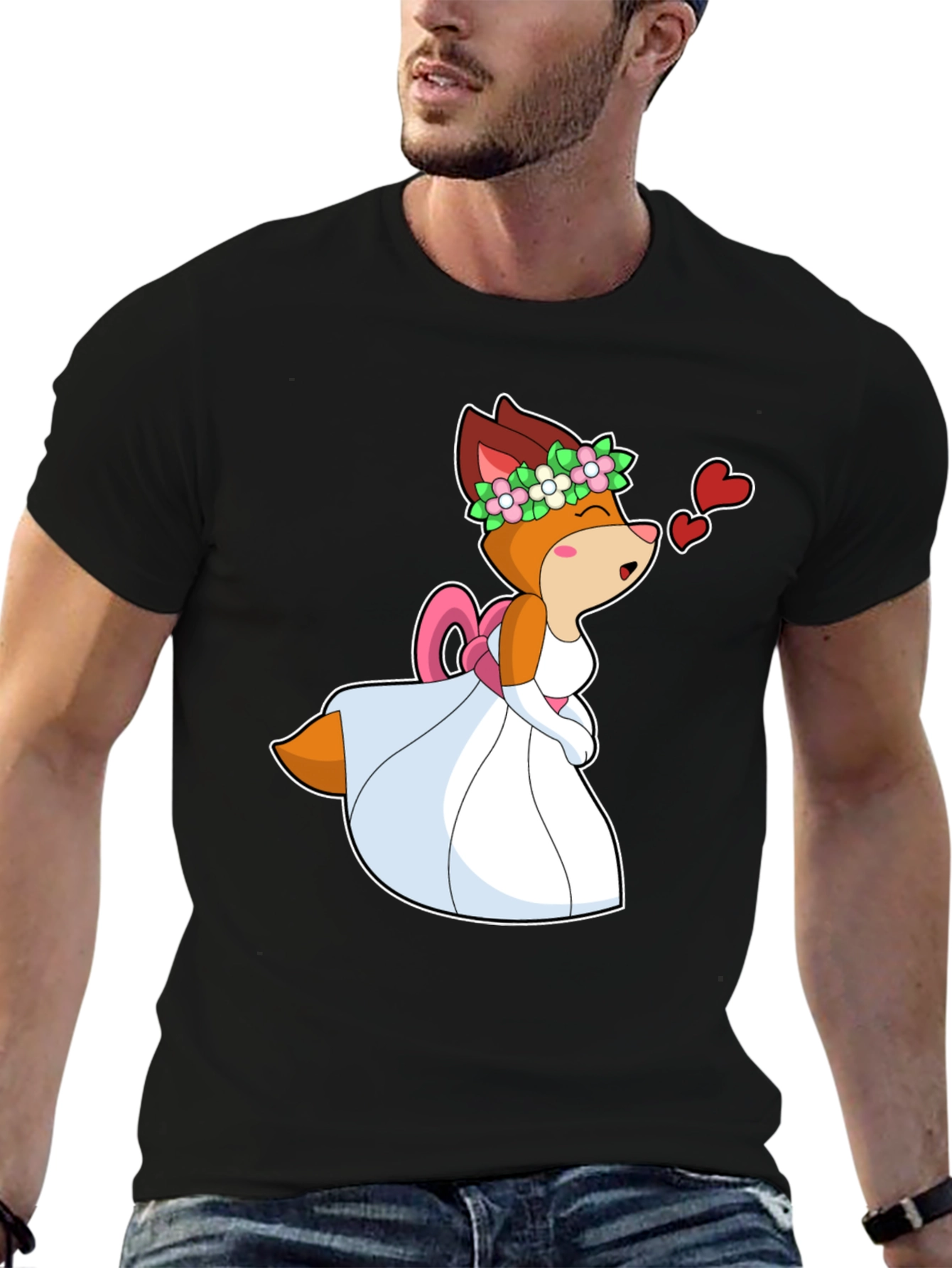 Black Cartoon Fox Bride T-Shirt - Love is in the Air! view 6