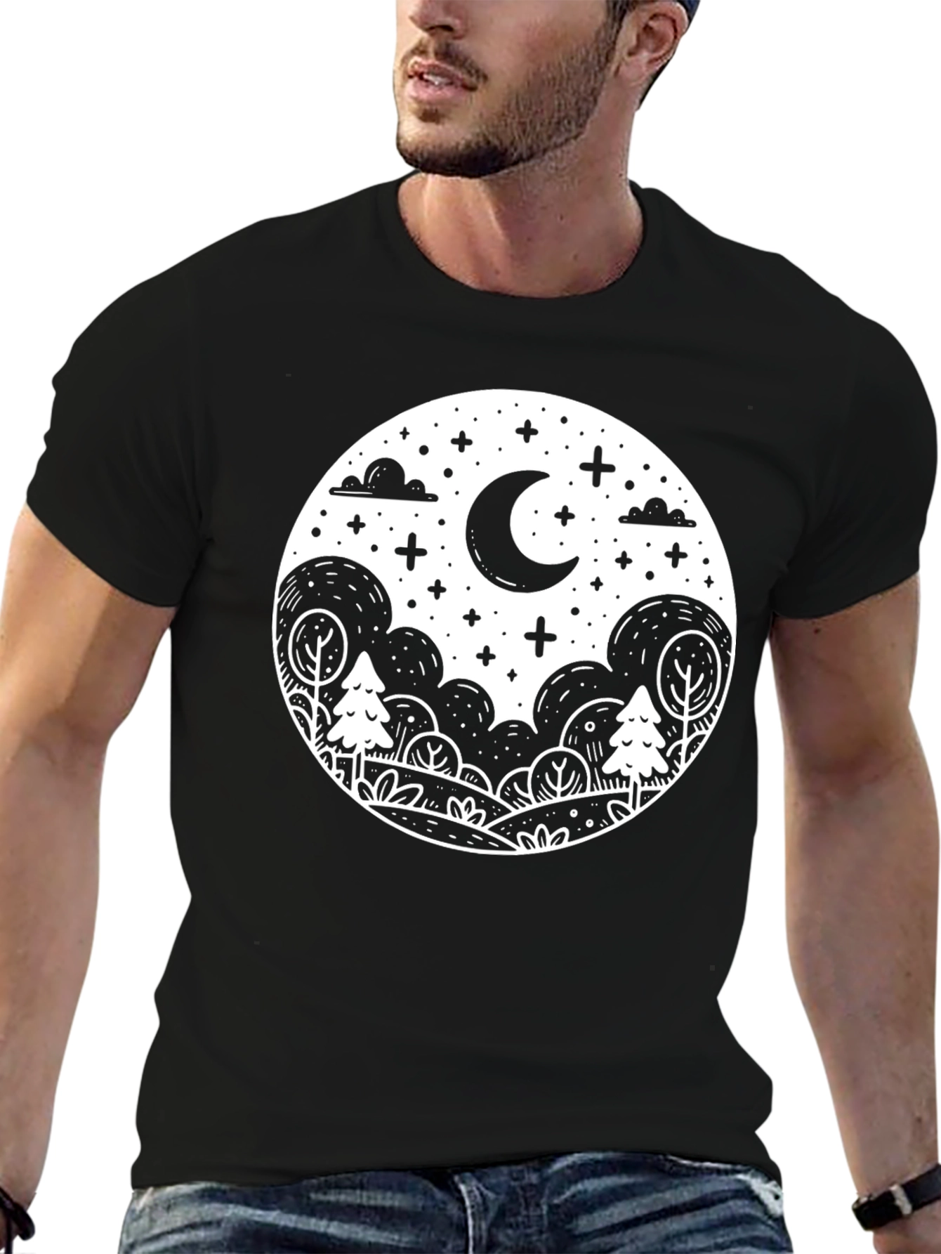 Black Night Sky Graphic Tee - Black Cotton Shirt view 6