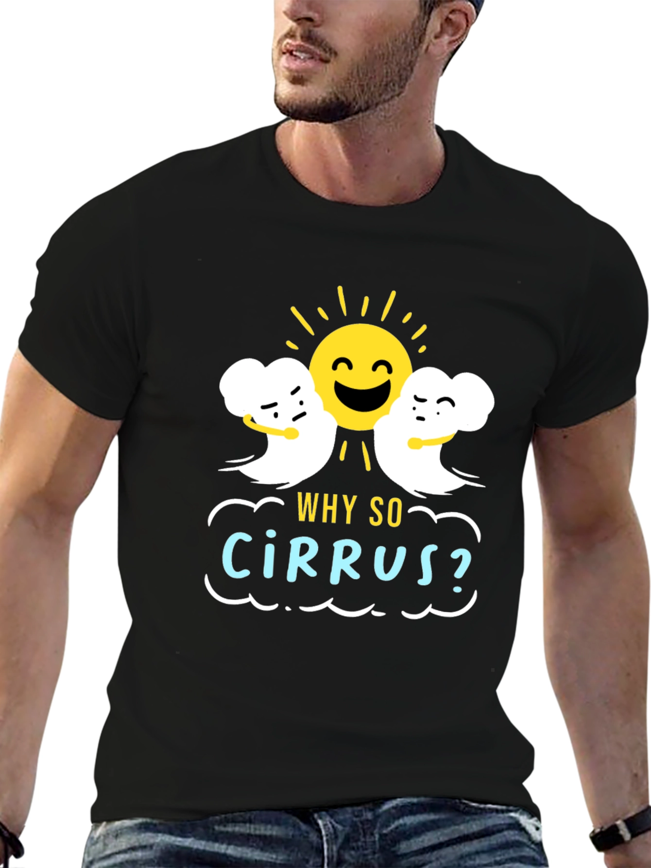 Black Humorous Weather T-Shirt: "Why So Cirrus?" Design view 6