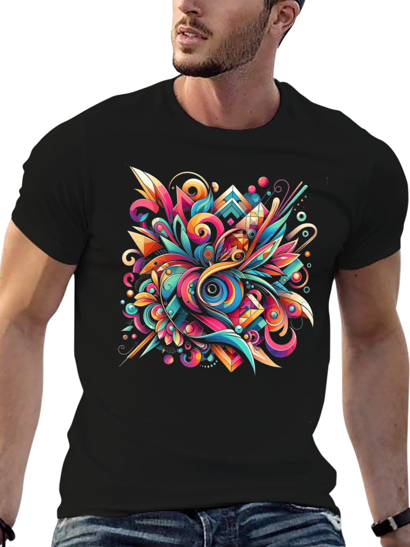 Black Psychedelic Abstract Art Black T-Shirt view 6