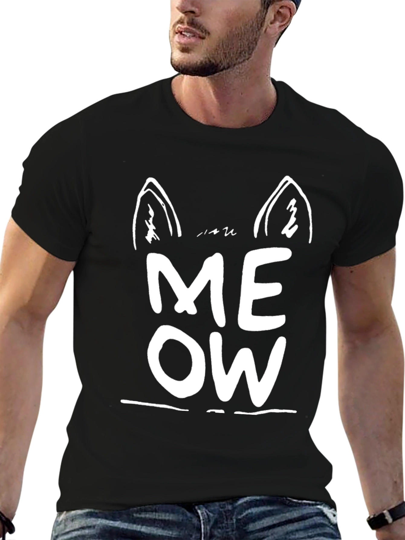 Black Meow Cat Ear Graphic Tee - Black Unisex T-Shirt view 6