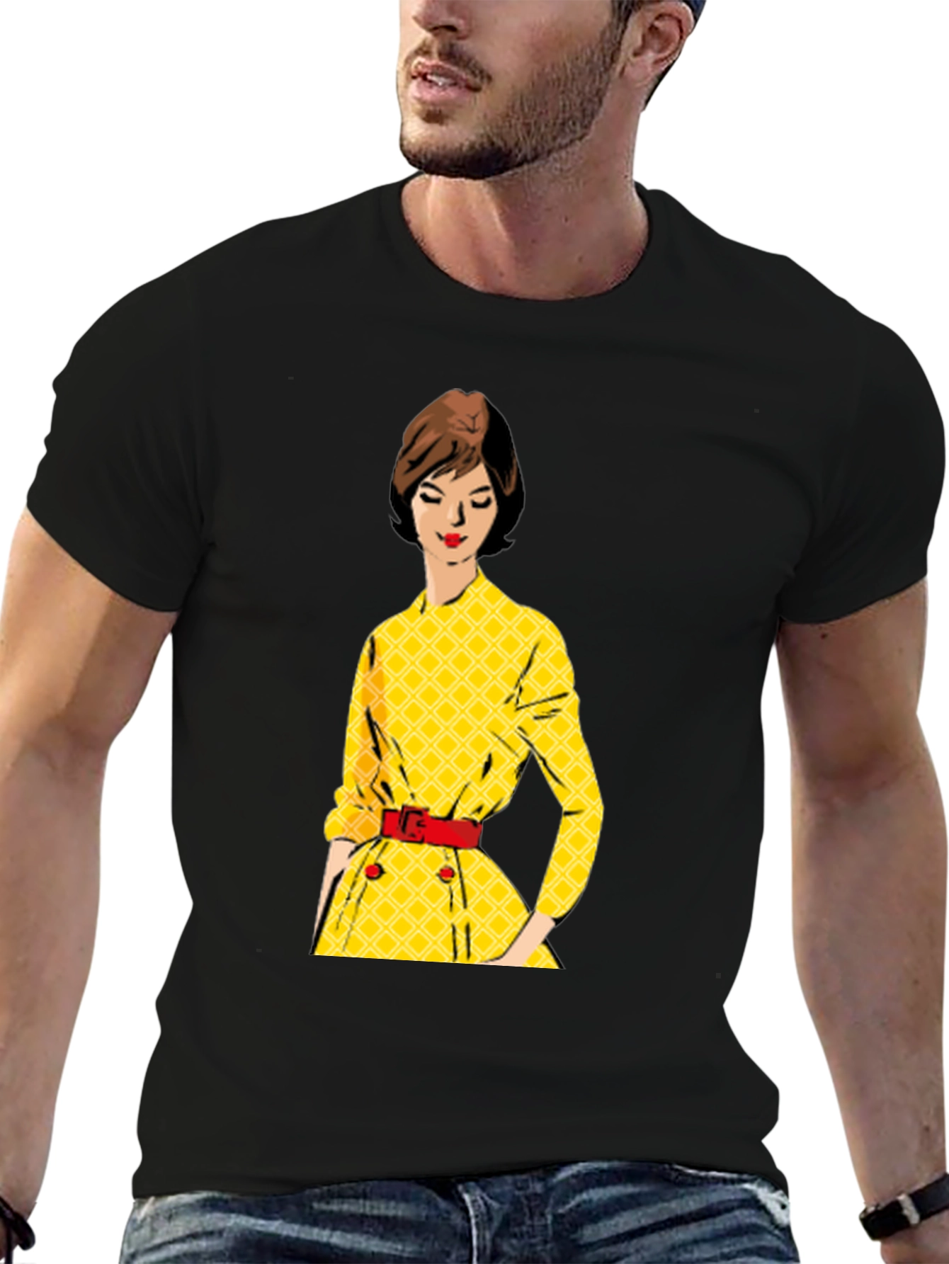 Black Retro Yellow Dress T-Shirt view 6