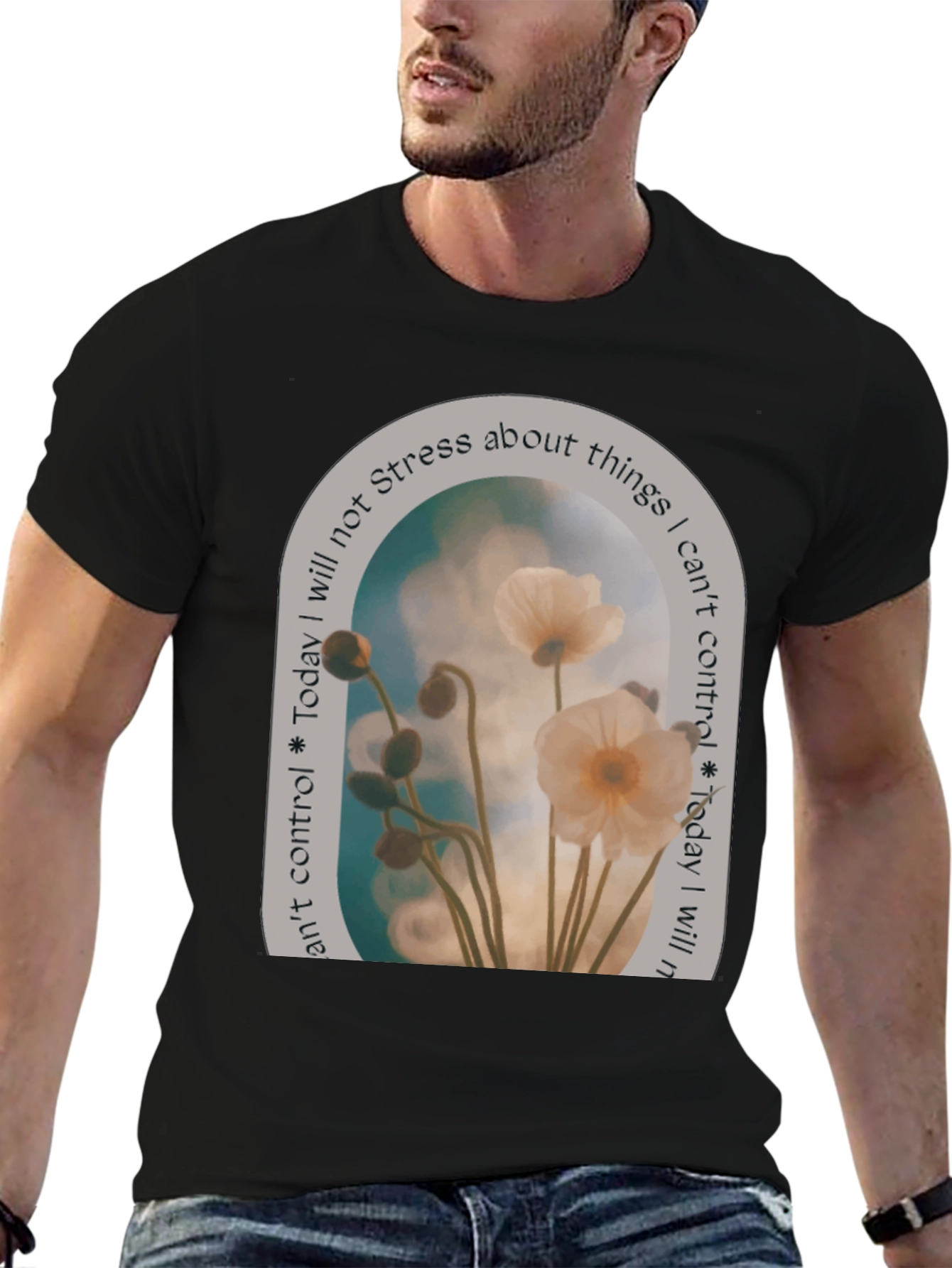 Black Floral Graphic T-Shirt: Stress Less, Control Less view 6