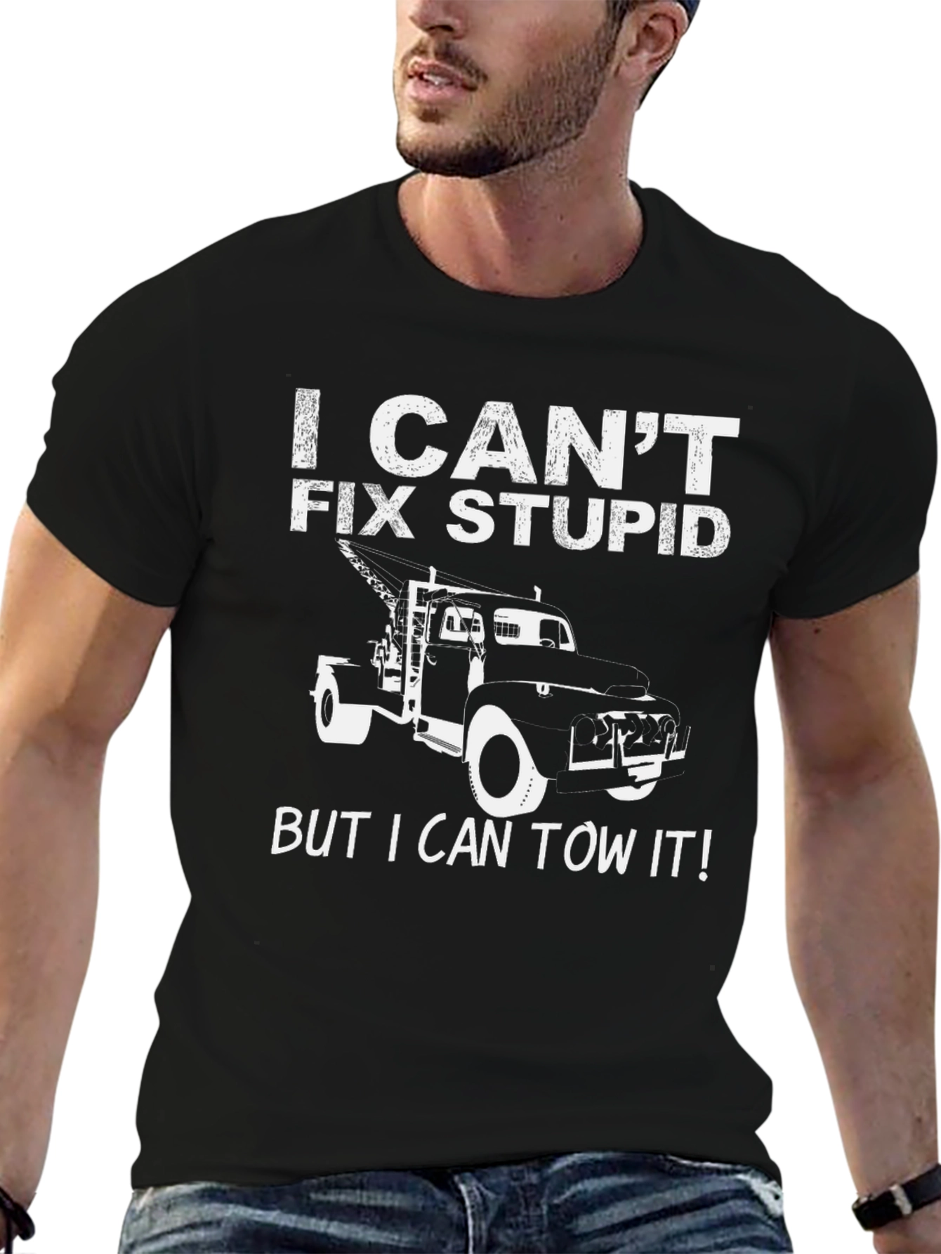 Black I Can't Fix Stupid Tow Truck T-Shirt view 6