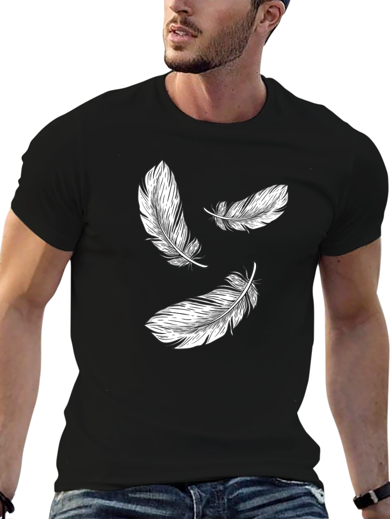 Black Feather Print Black T-Shirt view 6