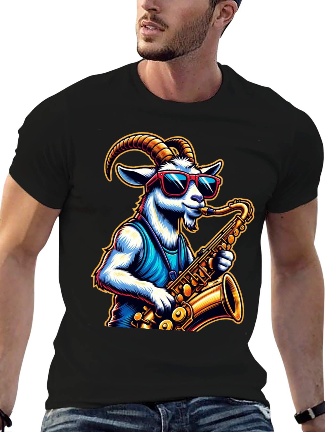 Black Cool Goat Saxophone Player Graphic Tee view 6