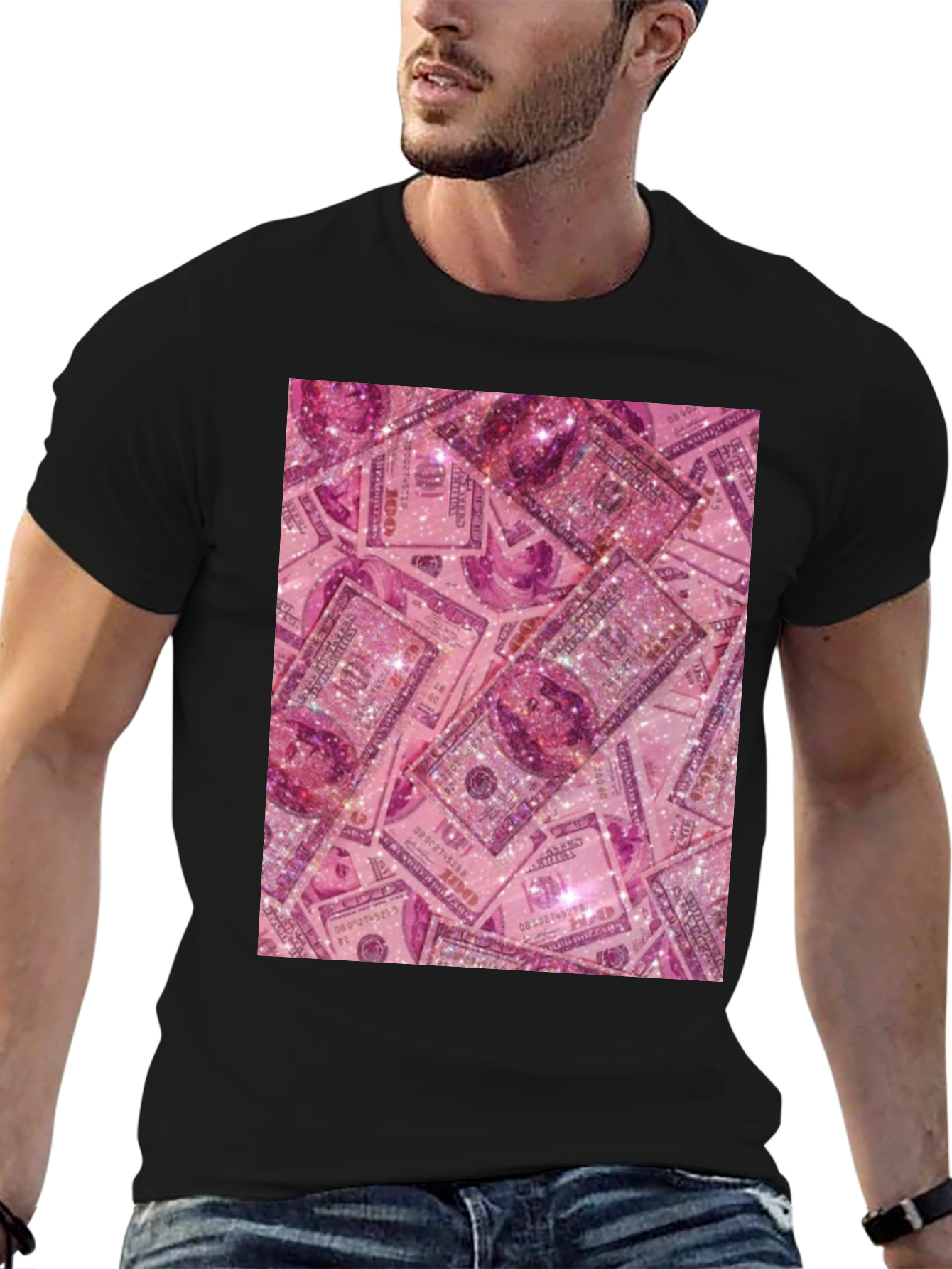 Black Pink Money Graphic Tee - Novelty Black T-Shirt view 6