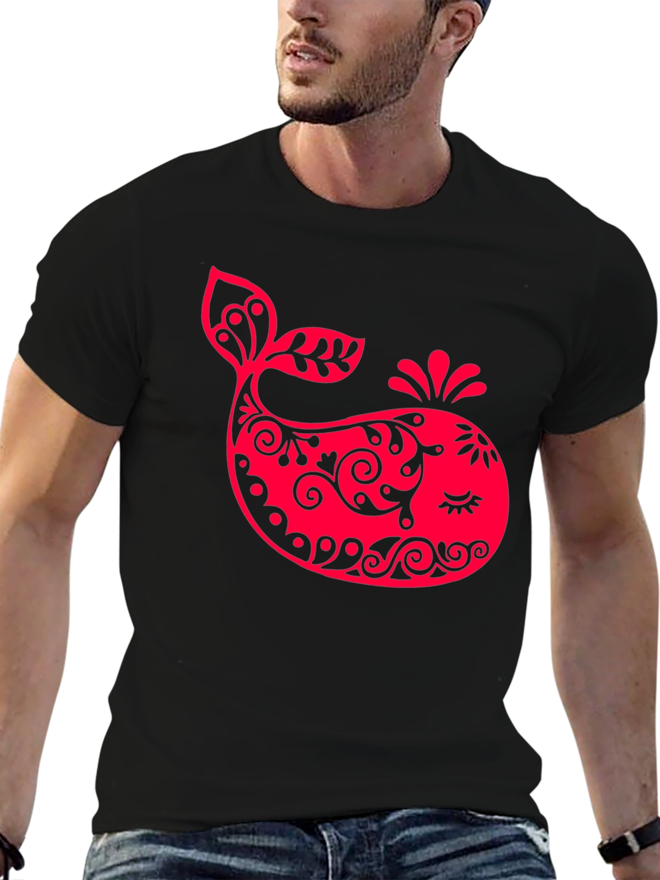 Black Red Whale Graphic Print Black T-Shirt view 6