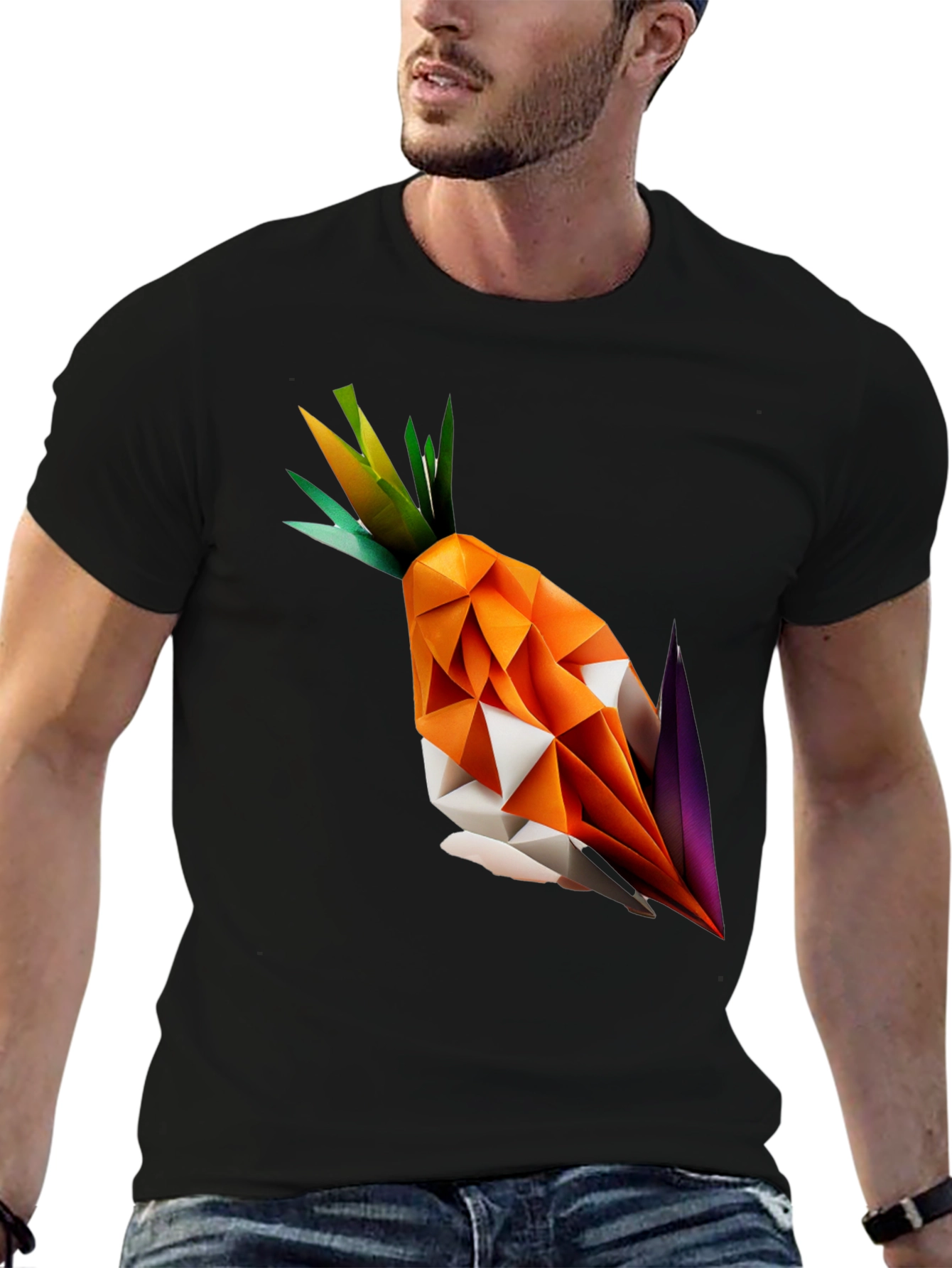 Black Geometric Origami Carrot Black T-Shirt view 6
