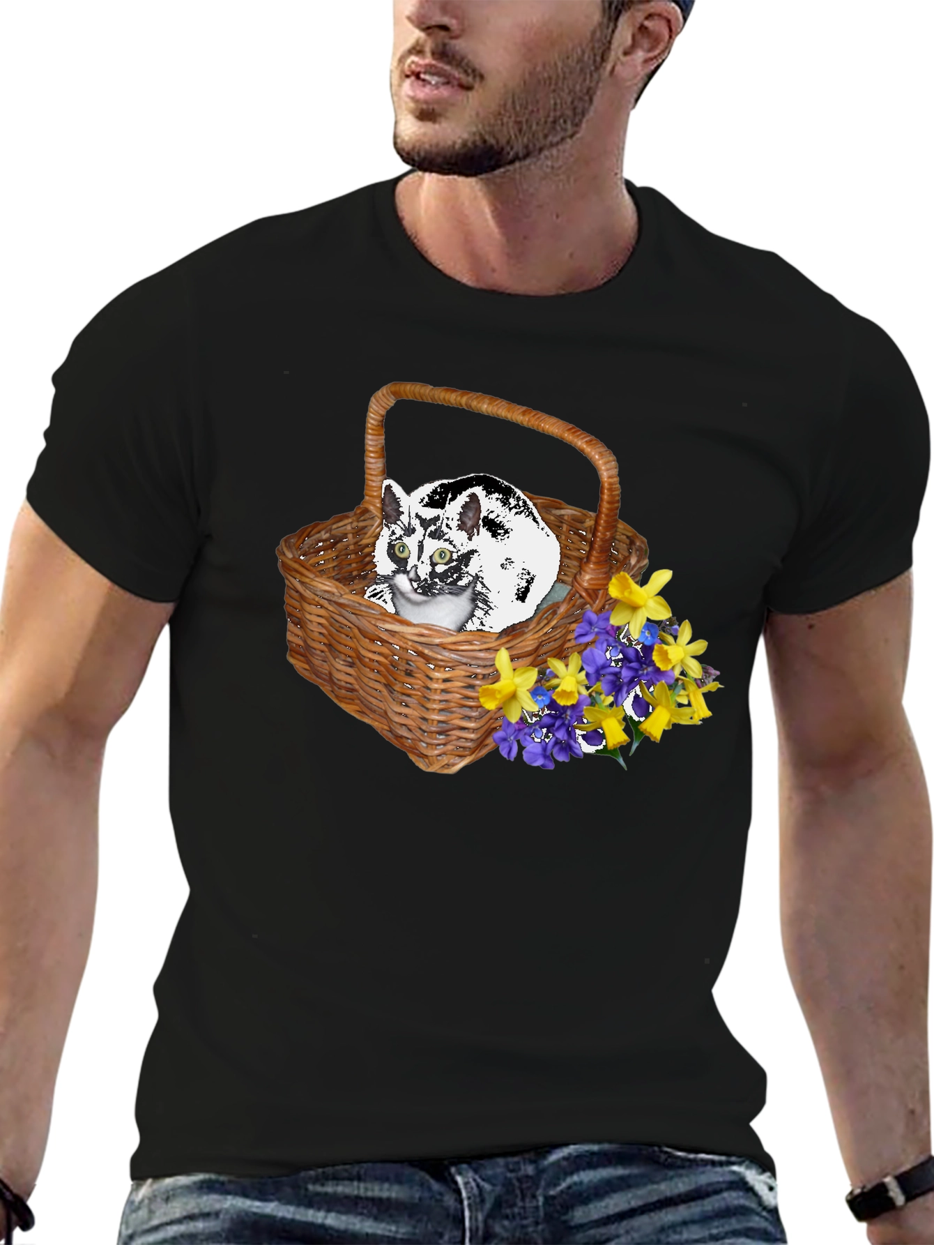 Black Cat in Basket Tee - Floral Accent view 6