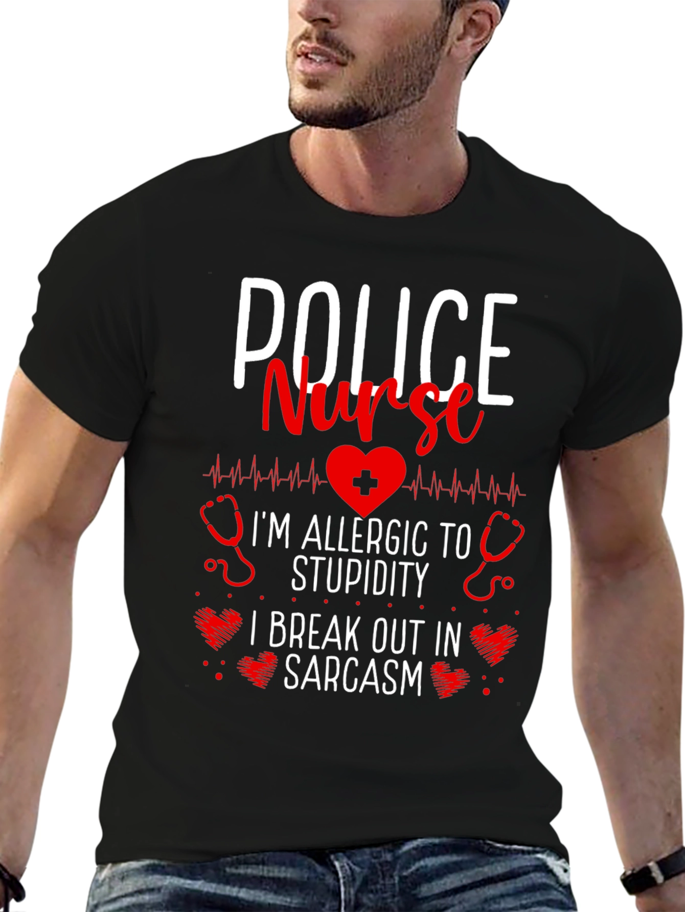 Black Police Nurse Sarcastic T-Shirt - I'm Allergic to Stupidity! view 6