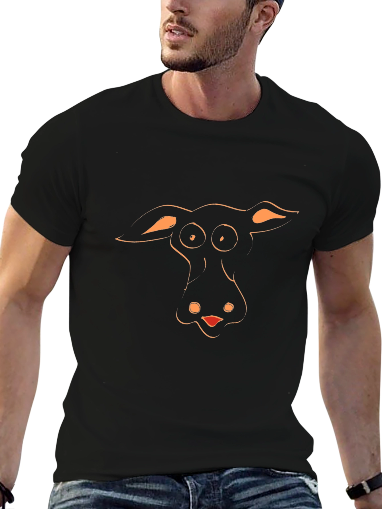 Black Funny Cartoon Animal Face Black T-Shirt view 6