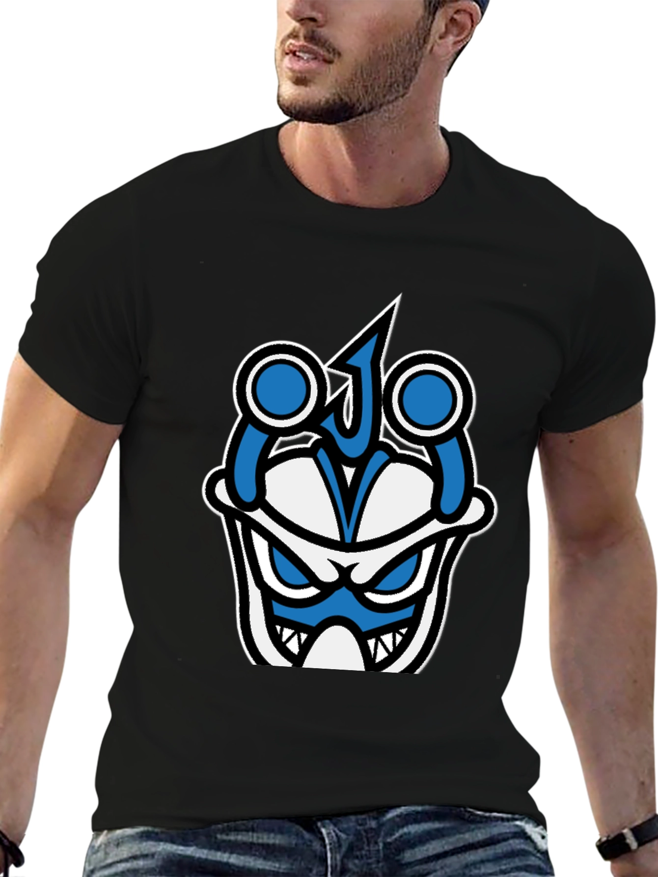 Black Graphic T-Shirt - Blue & White Angry Face view 6