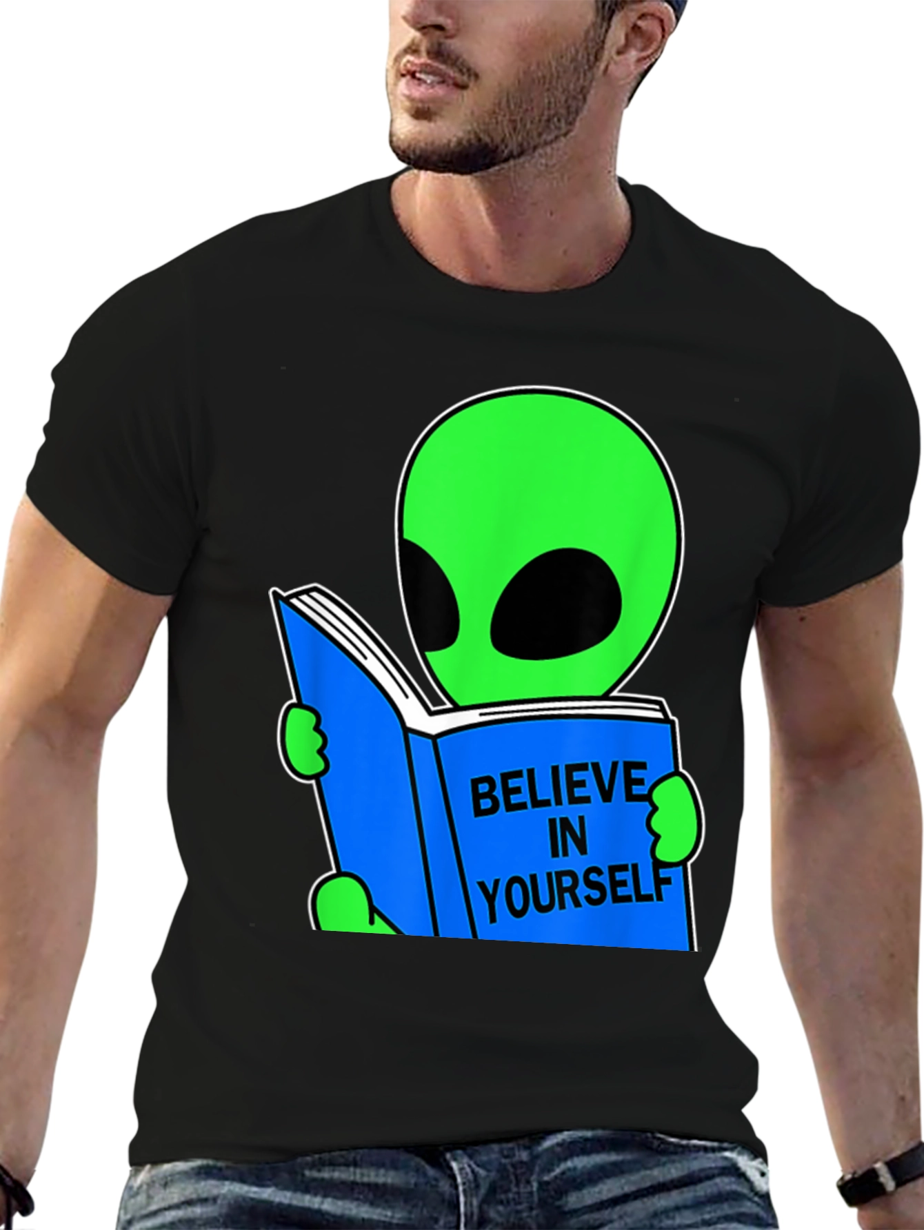 Black Believe Alien Reading Book Graphic Tee view 6