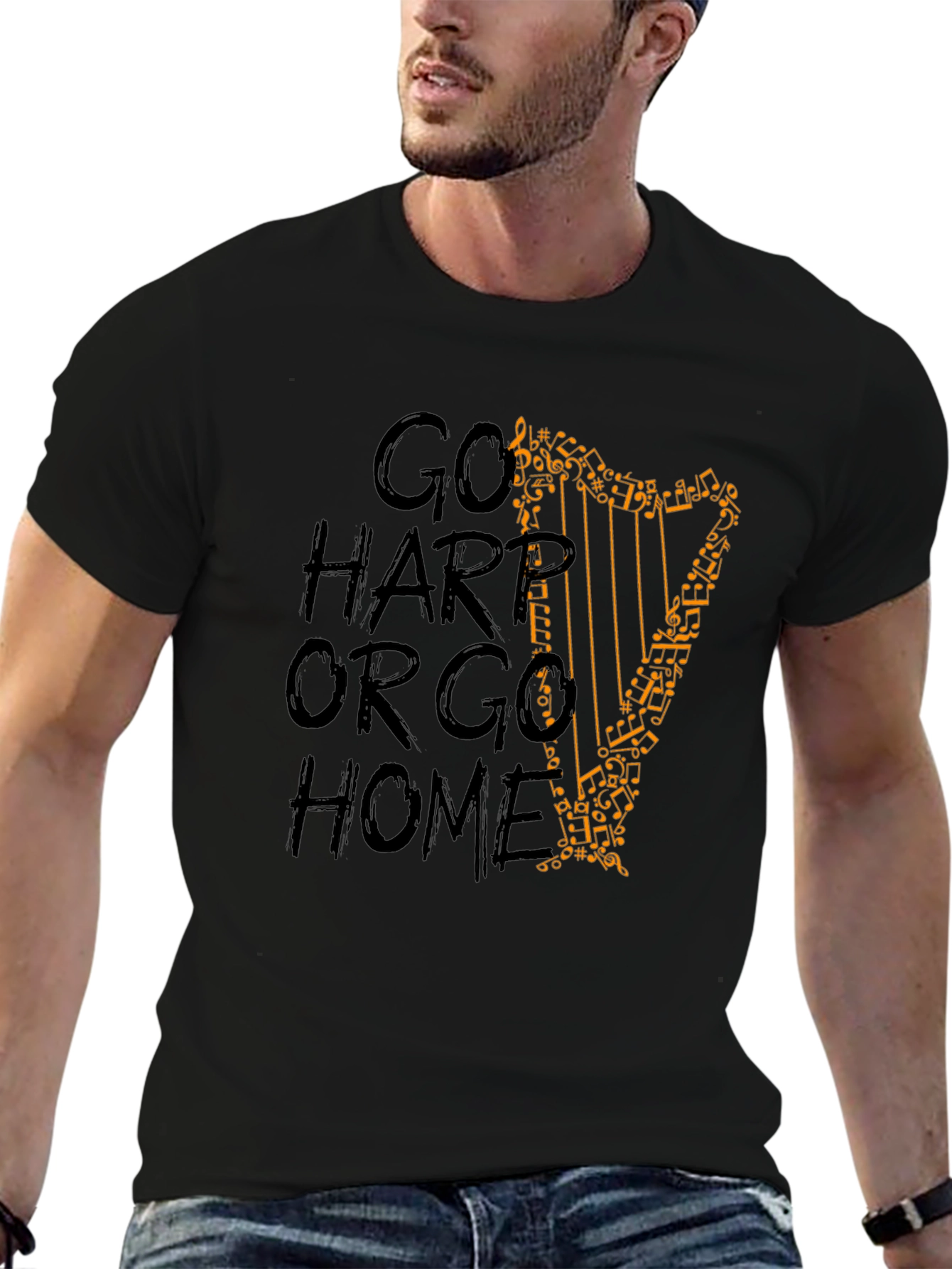 Black Go Harp Or Go Home Graphic Tee - Music Lover T-Shirt view 6