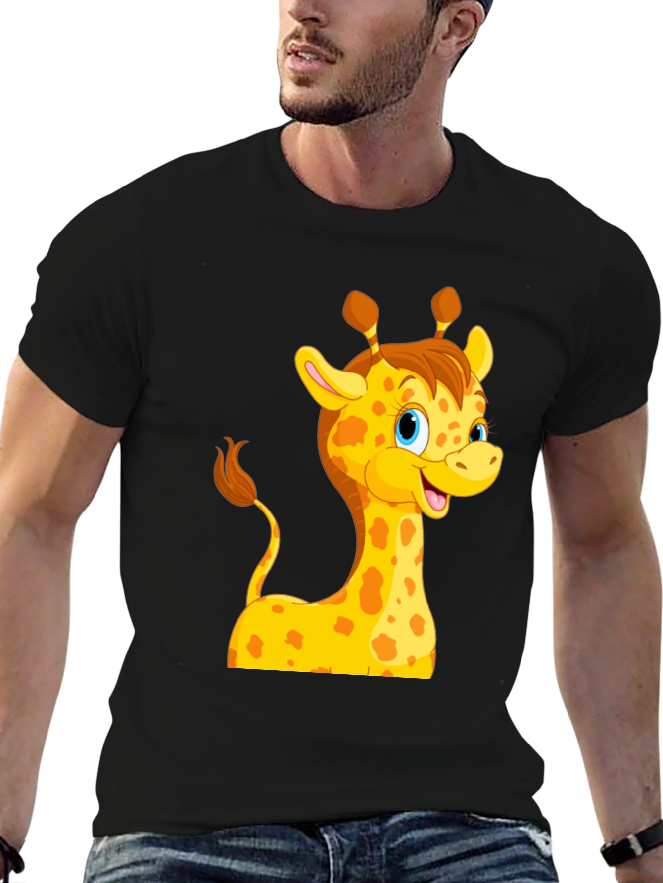 Black Cute Giraffe Cartoon Black T-Shirt view 6