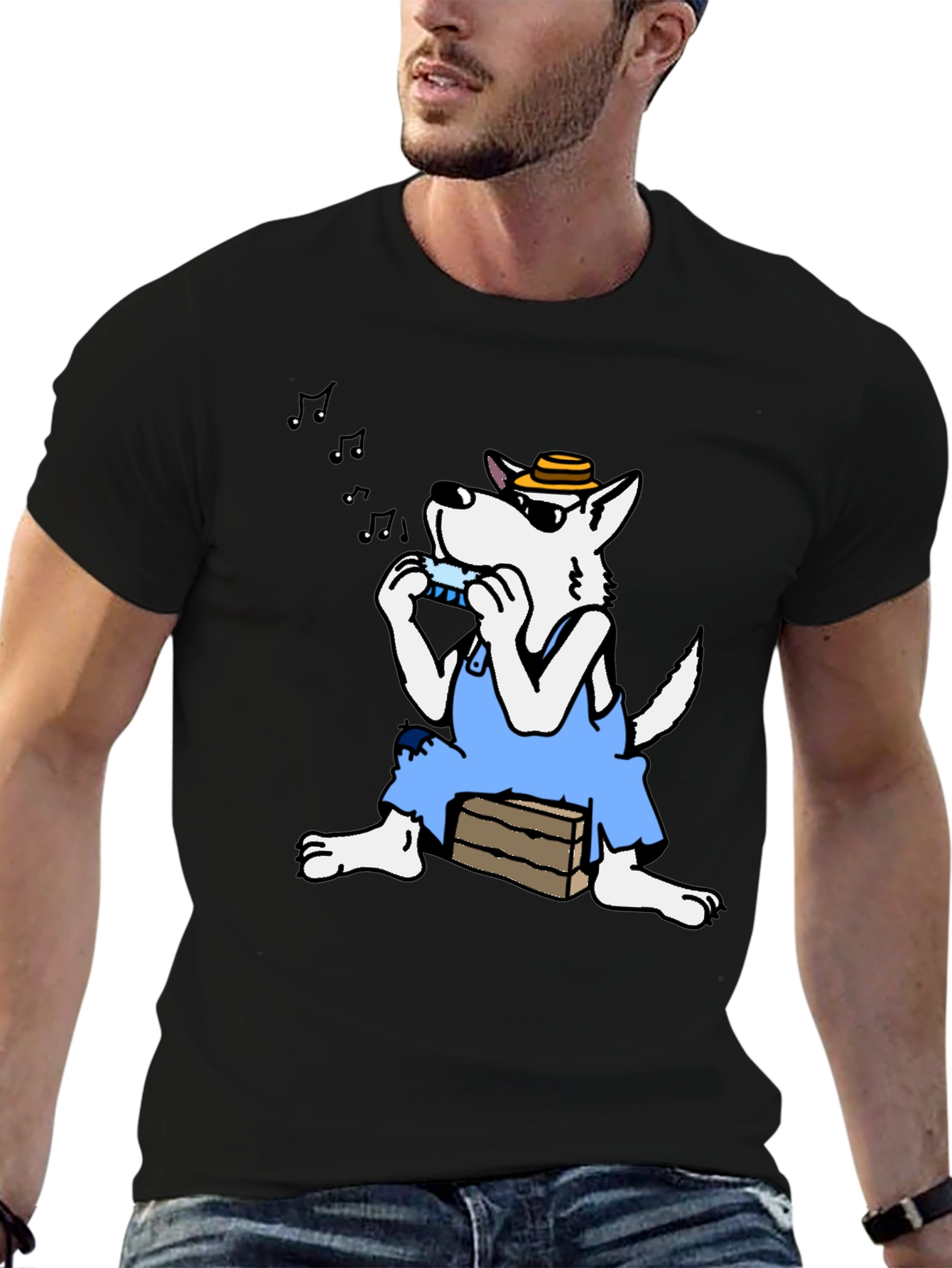 Black Cartoon Wolf Harmonica T-Shirt view 6