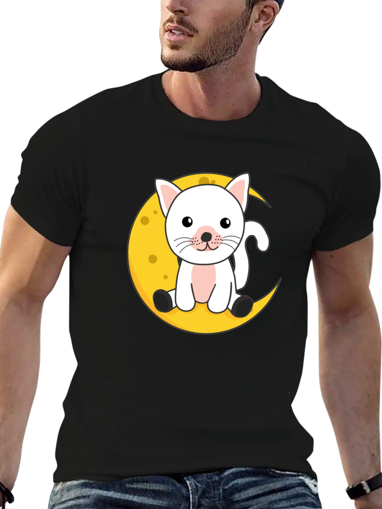 Black Cute Cat on Moon Graphic Black T-Shirt view 6