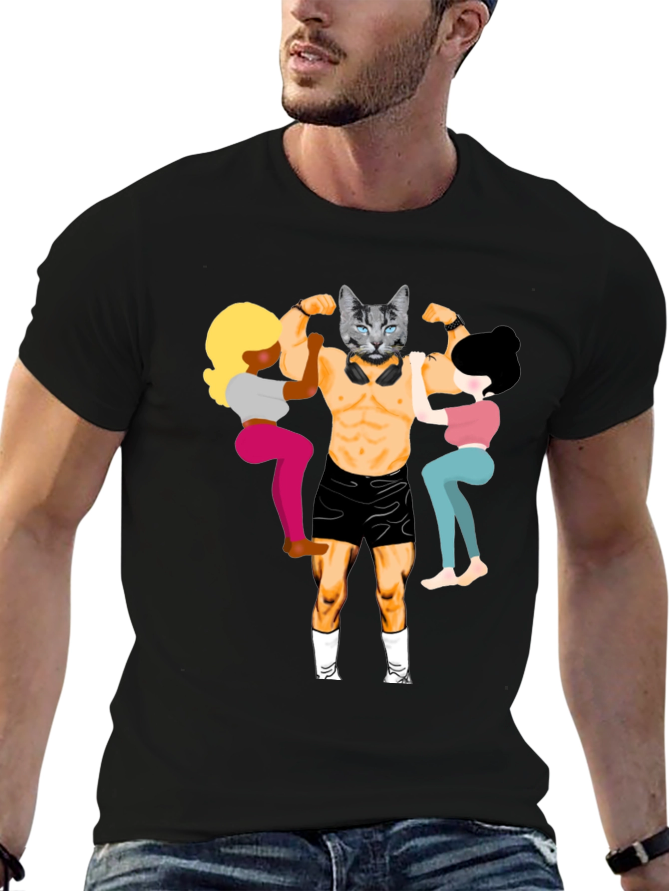 Black Funny Cat Bodybuilder Graphic Tee view 6