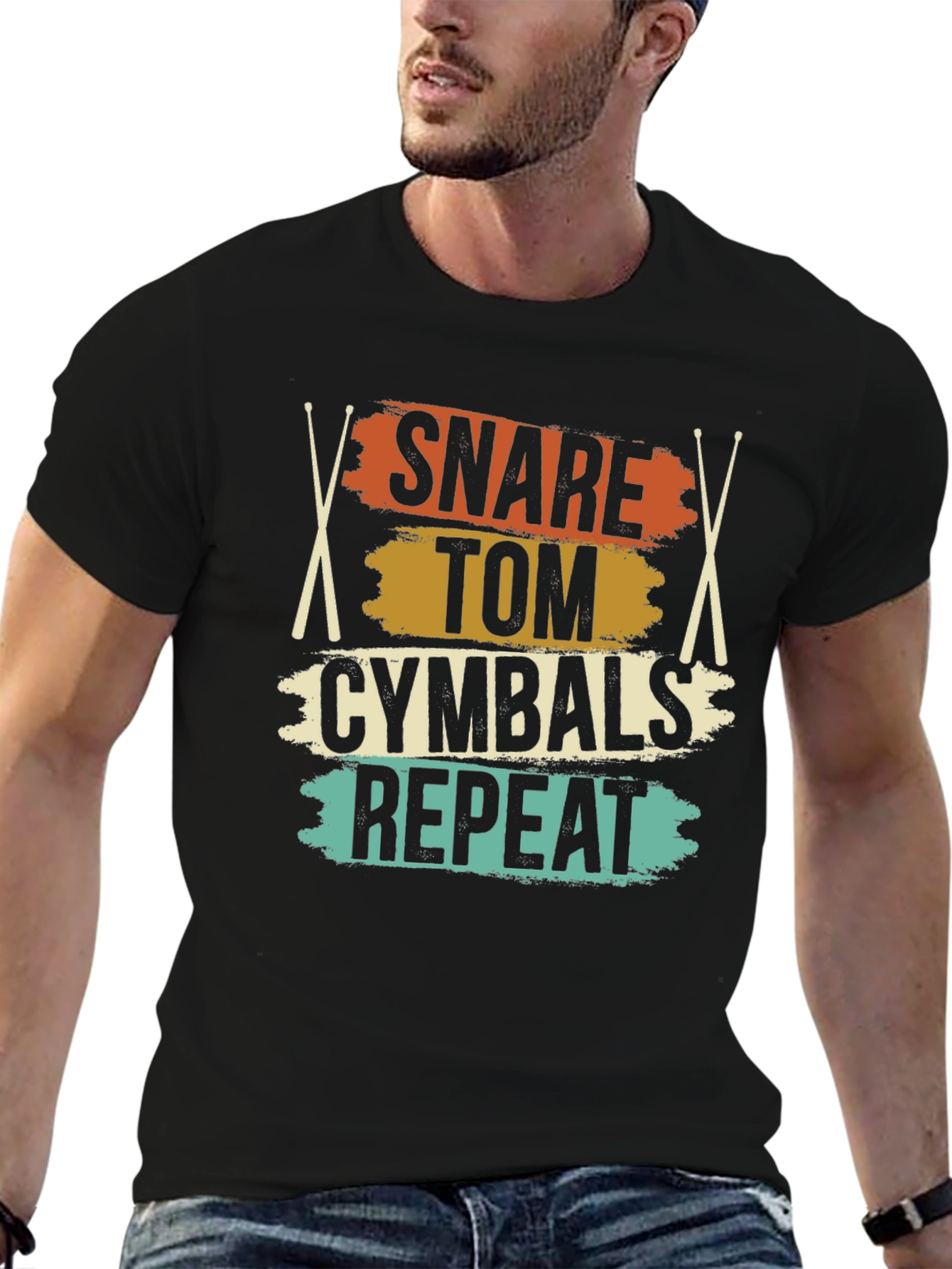 Black Snare Tom Cymbals Repeat Drummer T-Shirt view 6