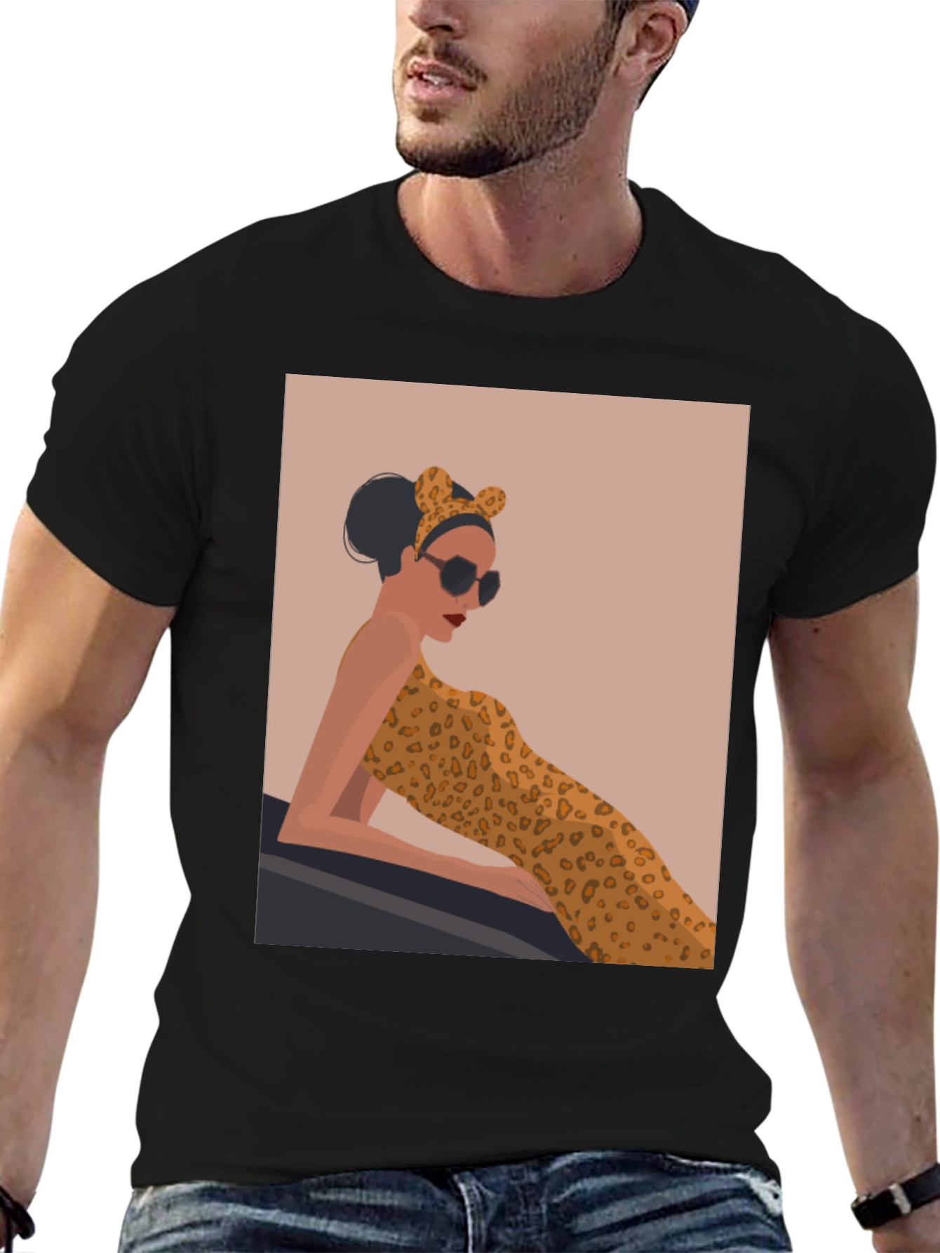 Stylish Black Tee with Leopard Print Woman Graphic - 6