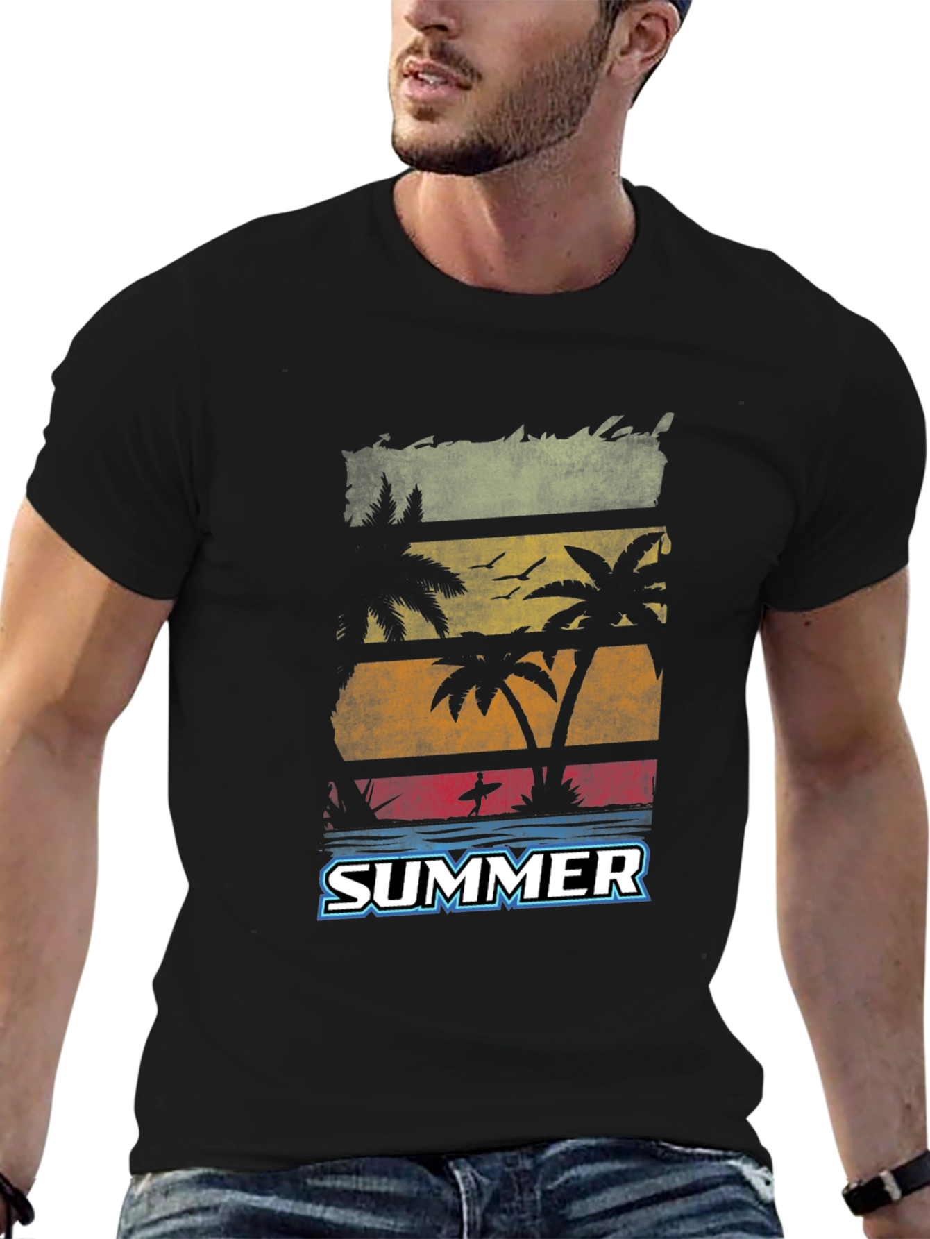 Black Summer Palm Tree Graphic Black T-Shirt view 6