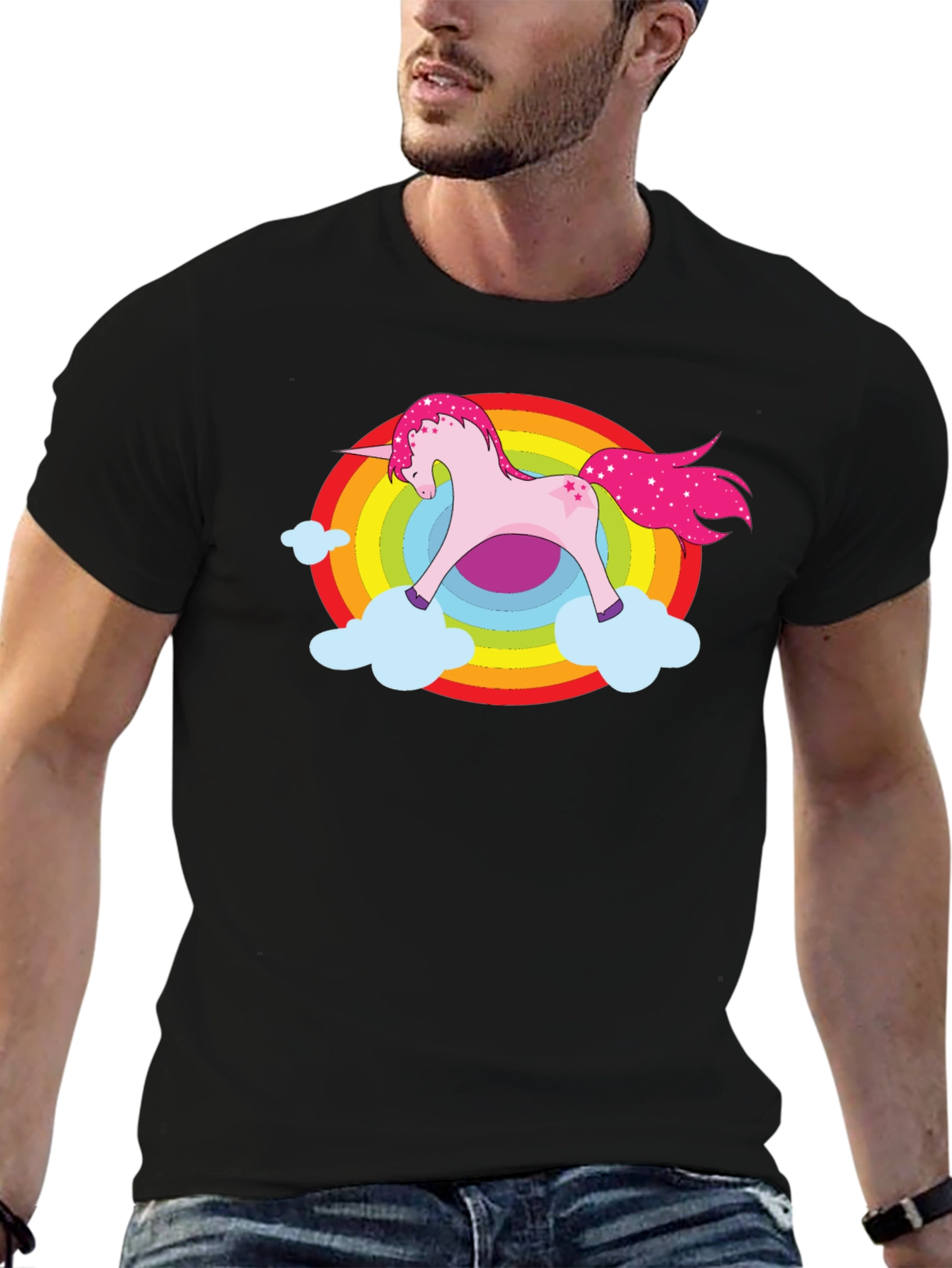 Black Unicorn Rainbow Cloud Graphic Black T-Shirt view 6