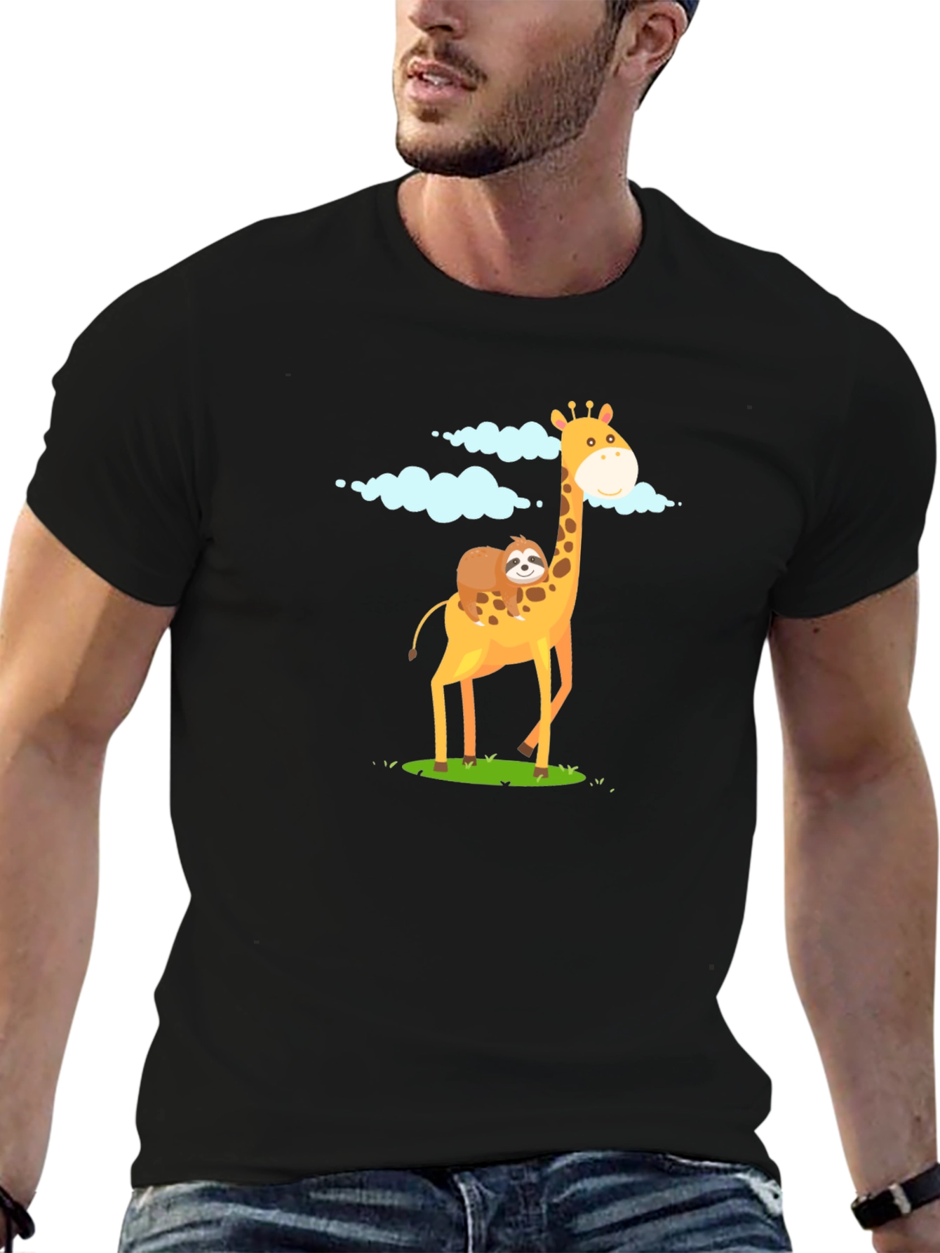 Black Giraffe & Sloth Graphic Tee - Unique Animal Design view 6