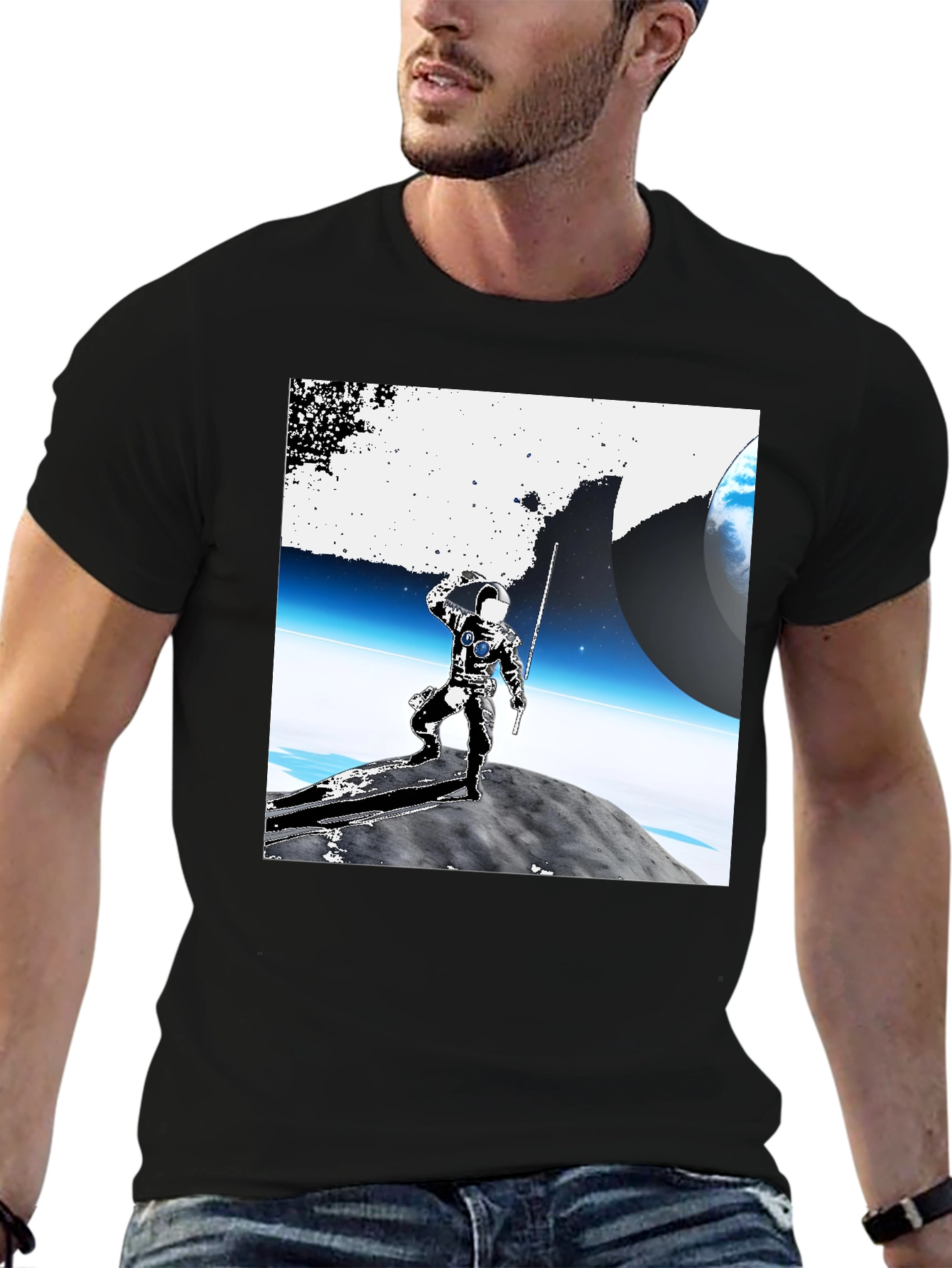 Black Astronaut on Moon Graphic Tee - Black Cotton view 6