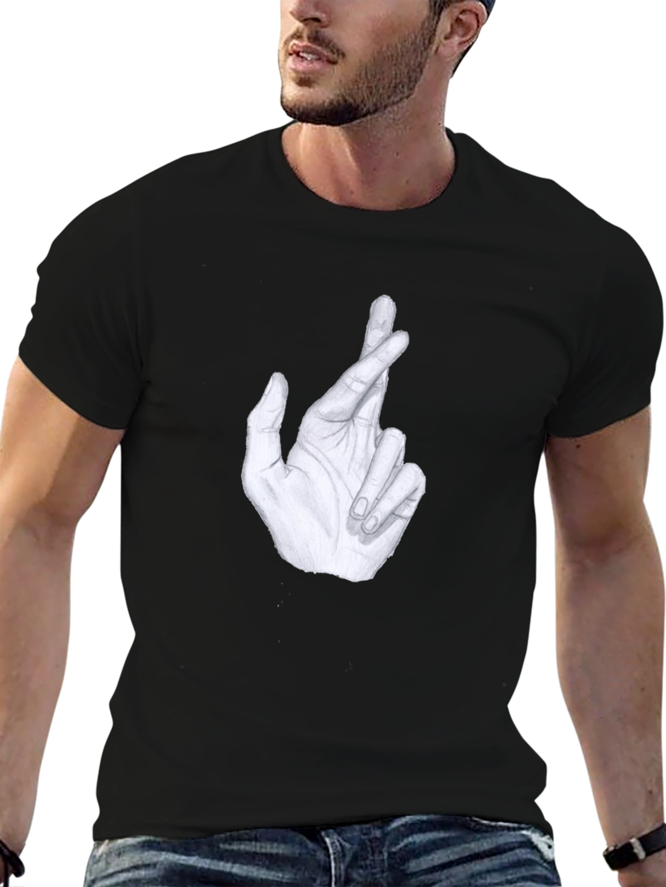Black Crossed Fingers Graphic Tee - Stylish Men's Black T-Shirt view 6