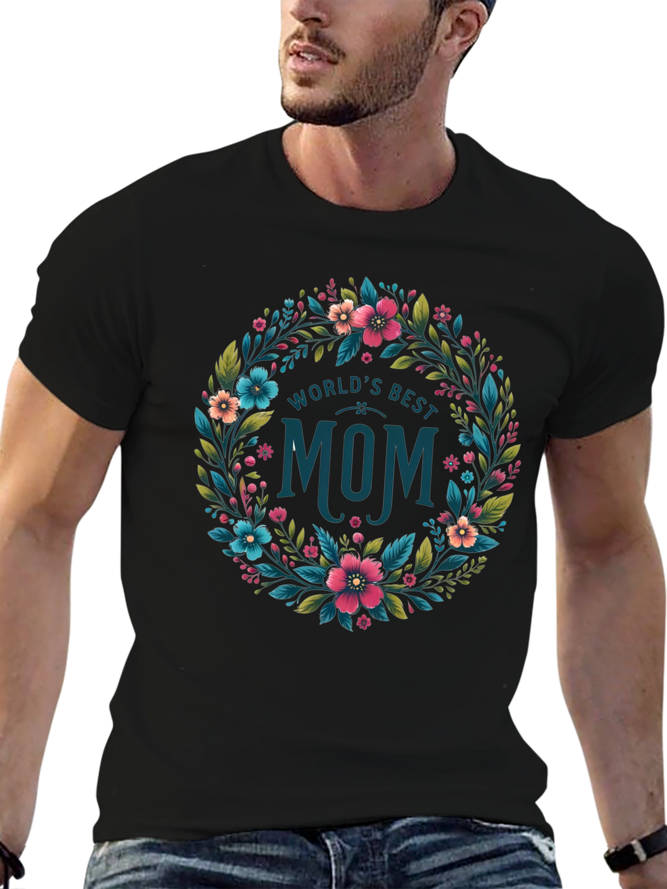 Black World's Best Mom Floral Wreath T-Shirt - Black view 6