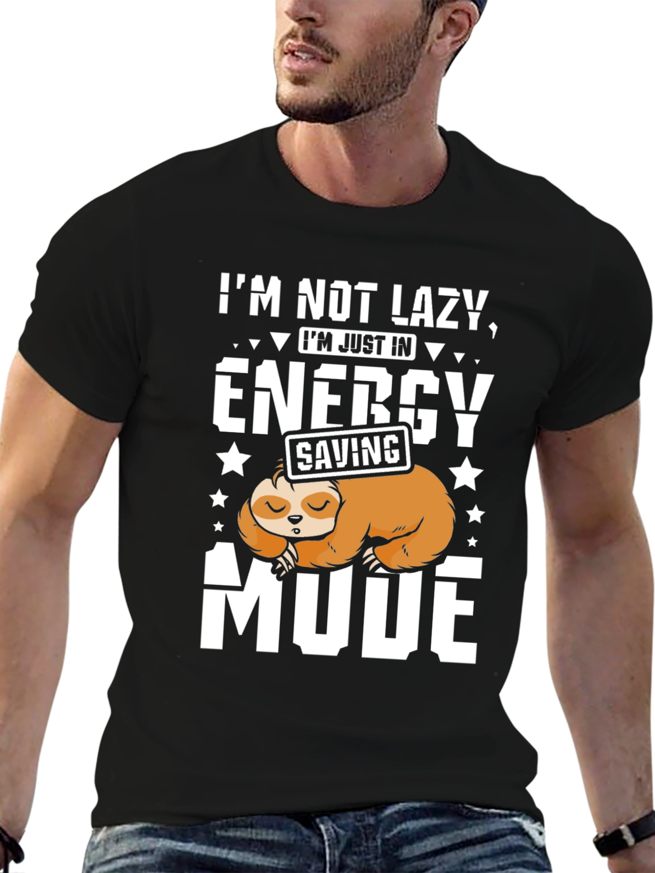 Black Lazy Sloth Energy Saving Mode Graphic T-Shirt view 6