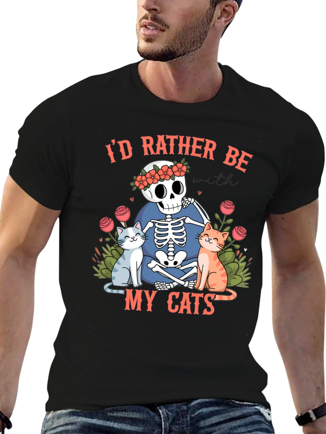 Black Skeleton & Cats Graphic Tee - "I'd Rather Be With My Cats" view 6
