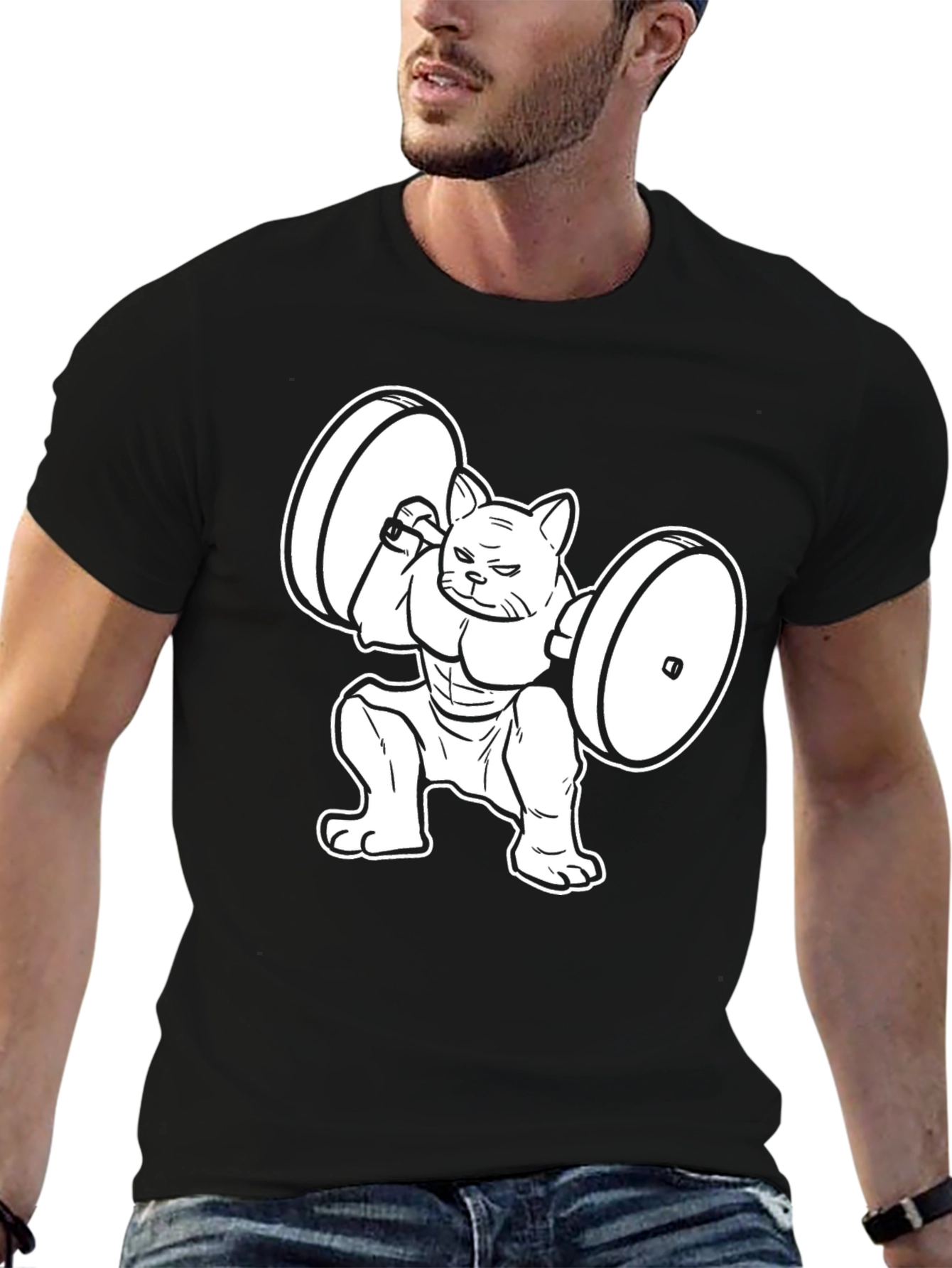 Black Funny Cat Lifting Weights Black T-Shirt view 6