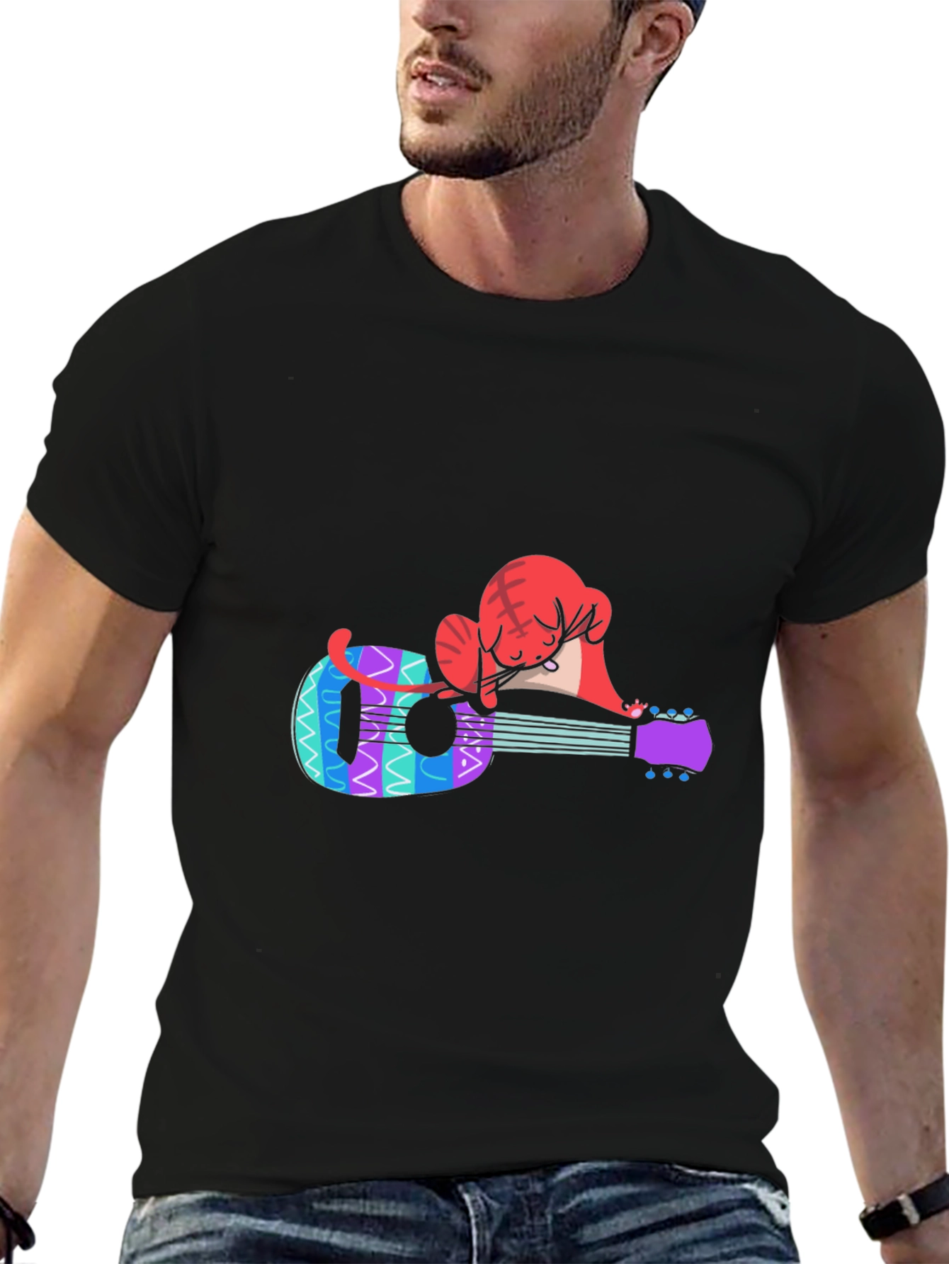 Black Cat Nap Ukulele T-Shirt - Music Lover Tee view 6