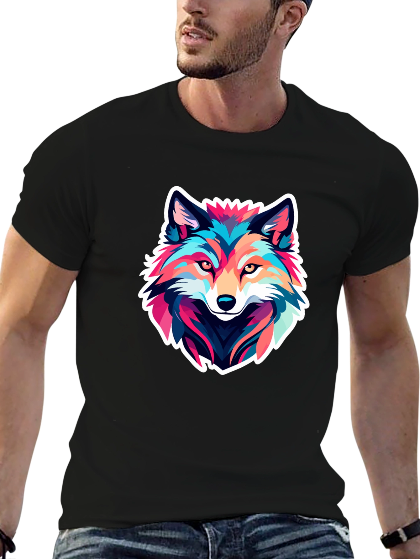 Black Colorful Wolf Graphic Black T-Shirt view 6