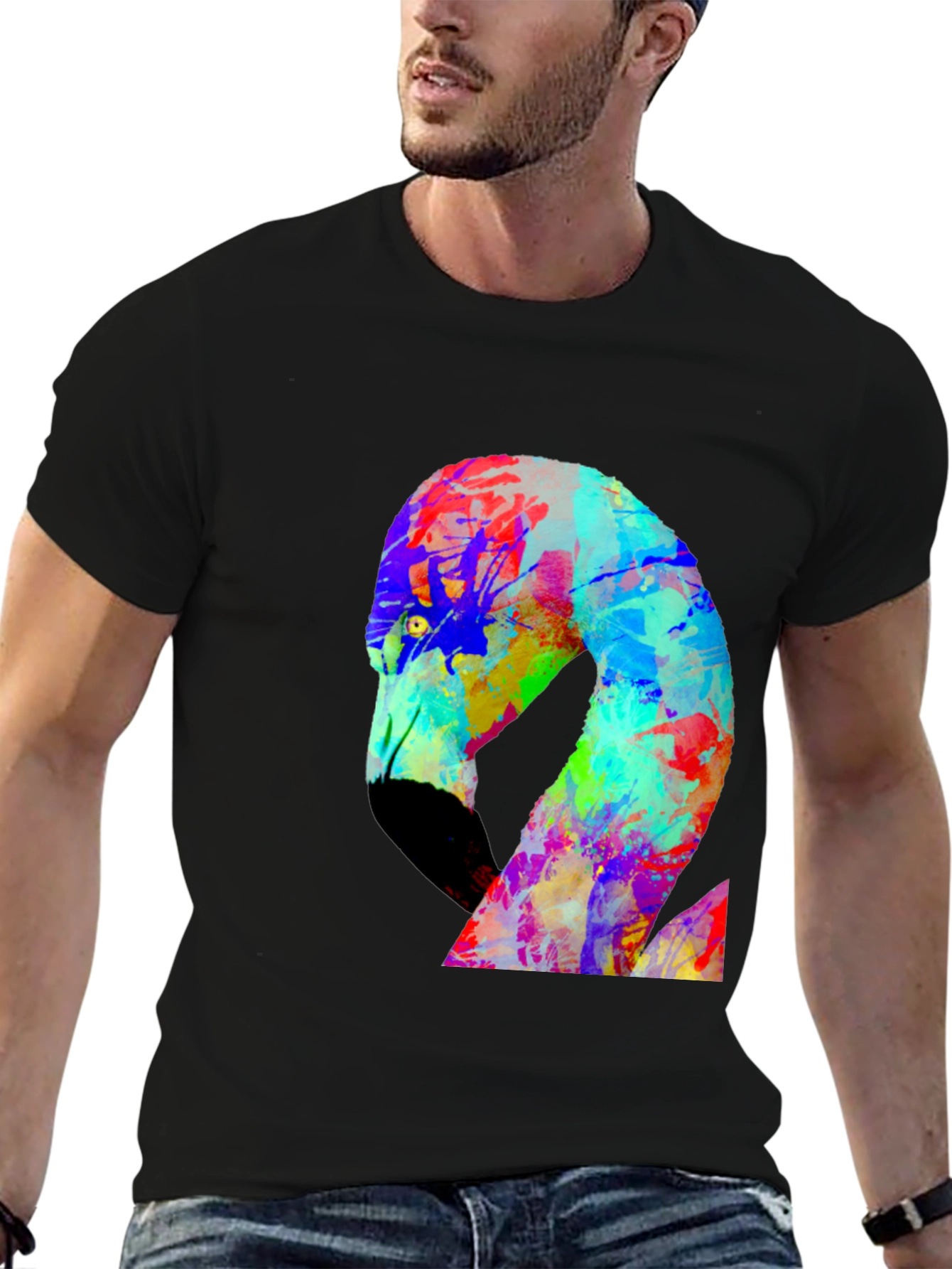 Black Colorful Flamingo Graphic Black Tee Shirt view 6