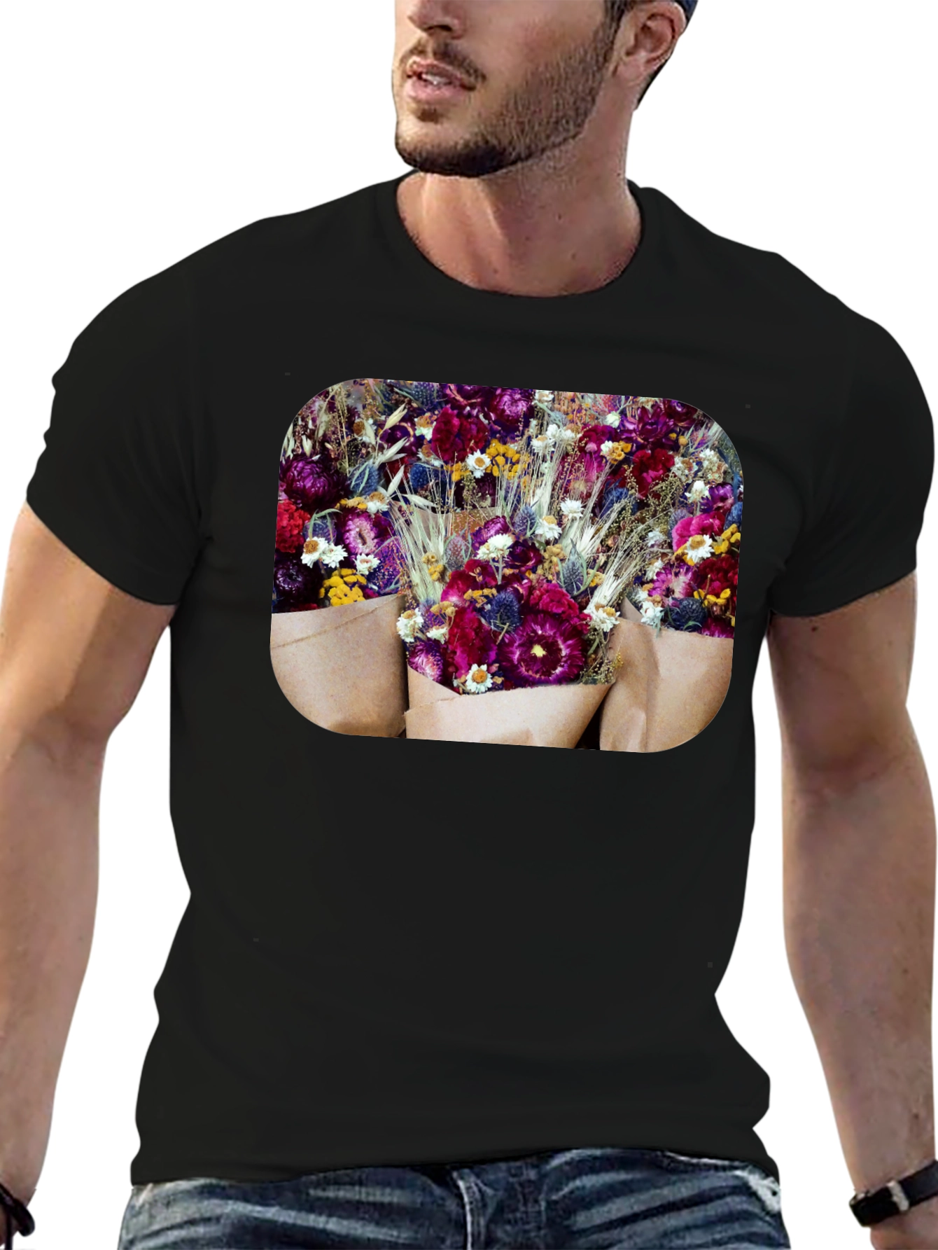 Black Floral Bouquet Graphic Print Black T-Shirt view 6