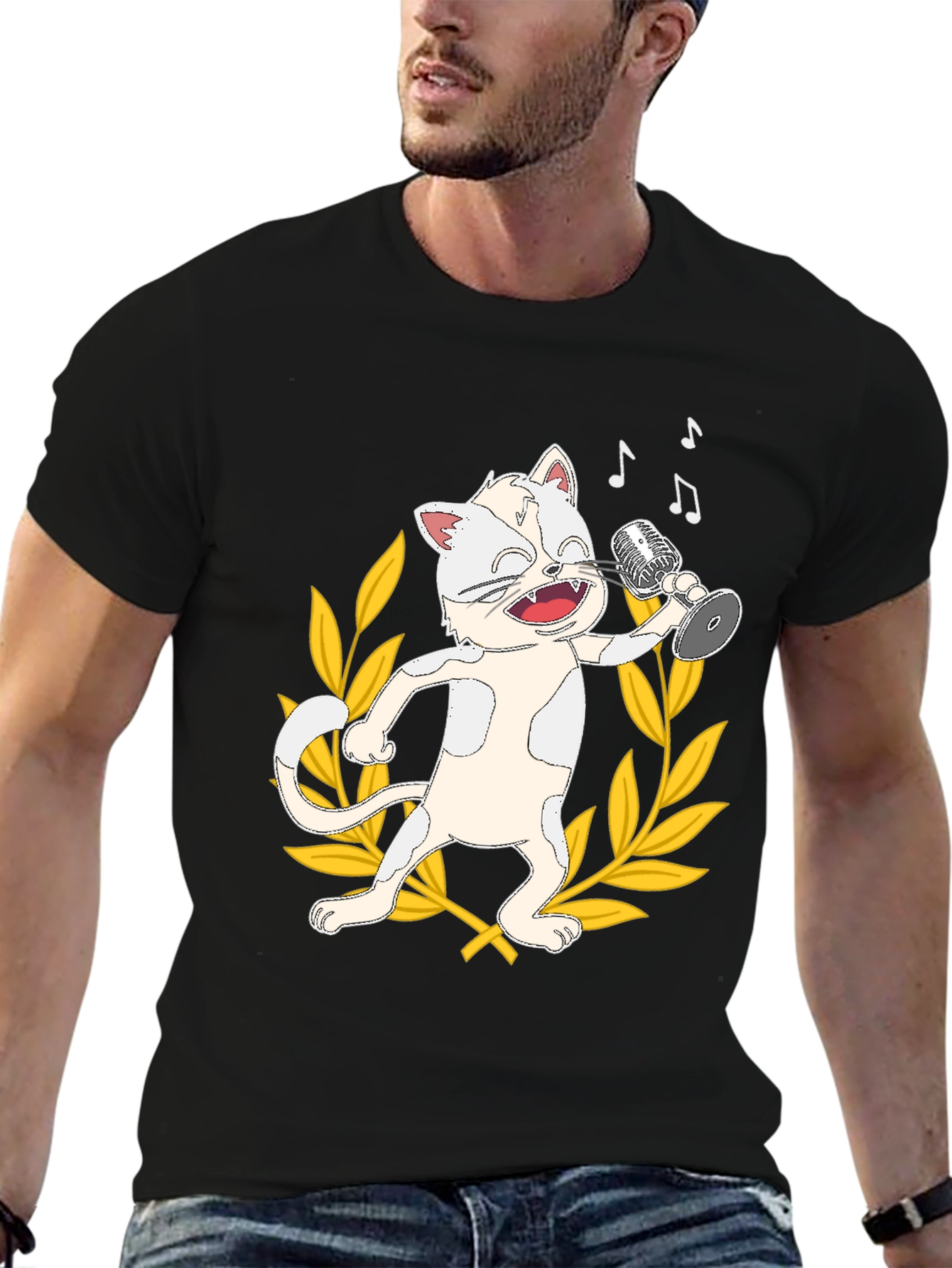 Black Singing Cat Graphic Tee - Black Cotton T-Shirt view 6