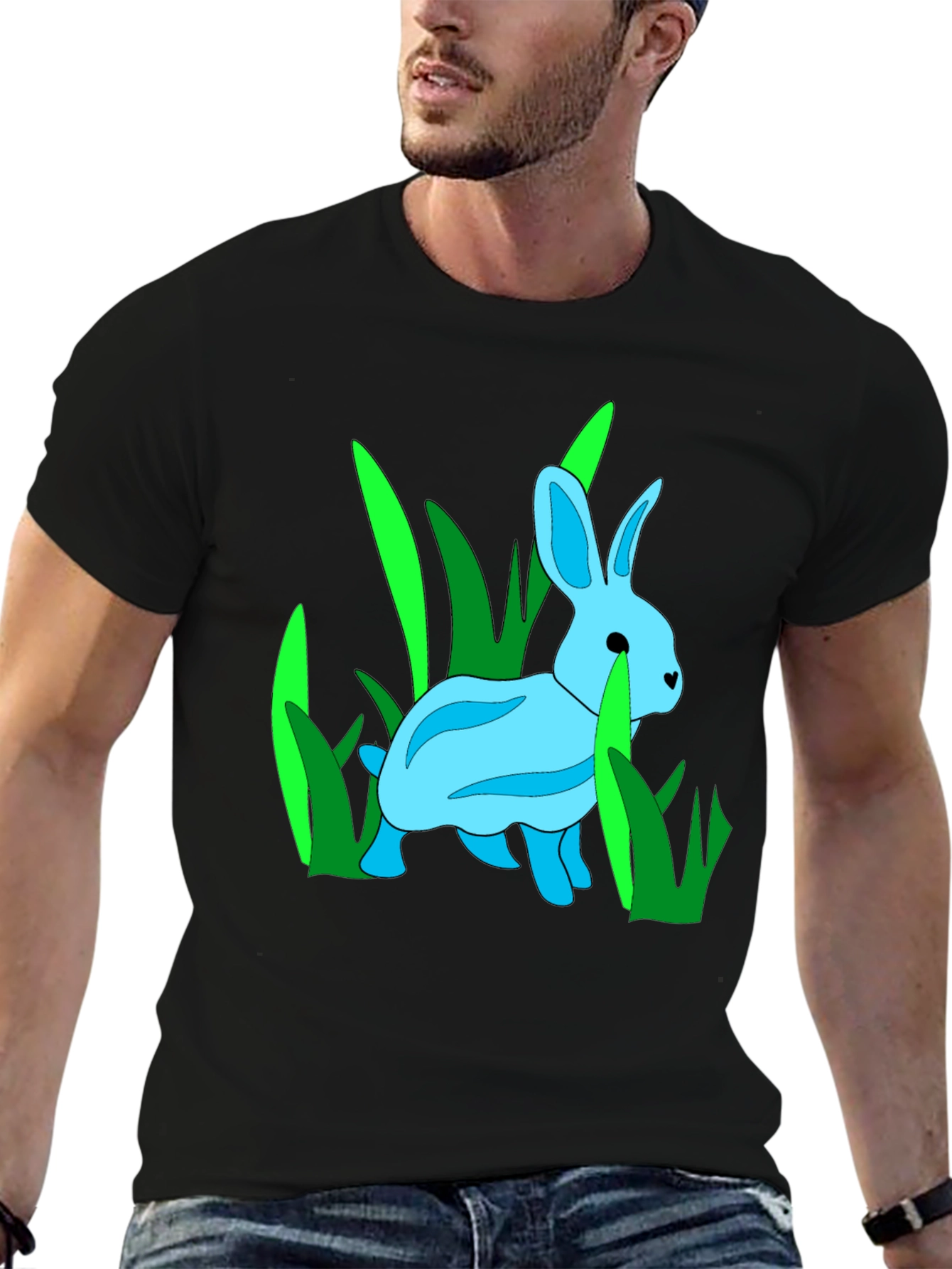Black Rabbit in Grass Graphic Tee - Black Cotton Blend T-Shirt view 6