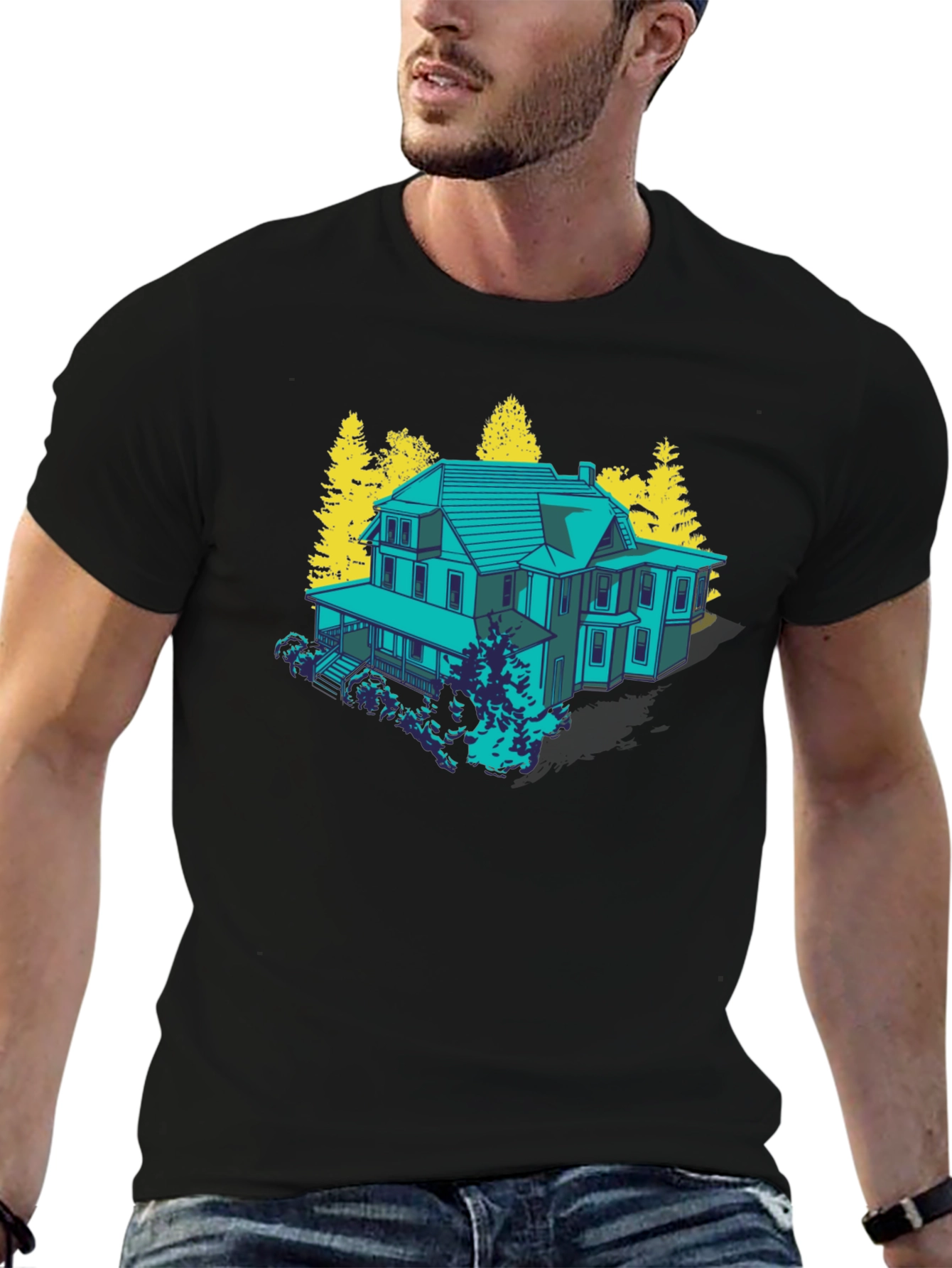 Black Haunted House Graphic Tee - Novelty T-Shirt view 6