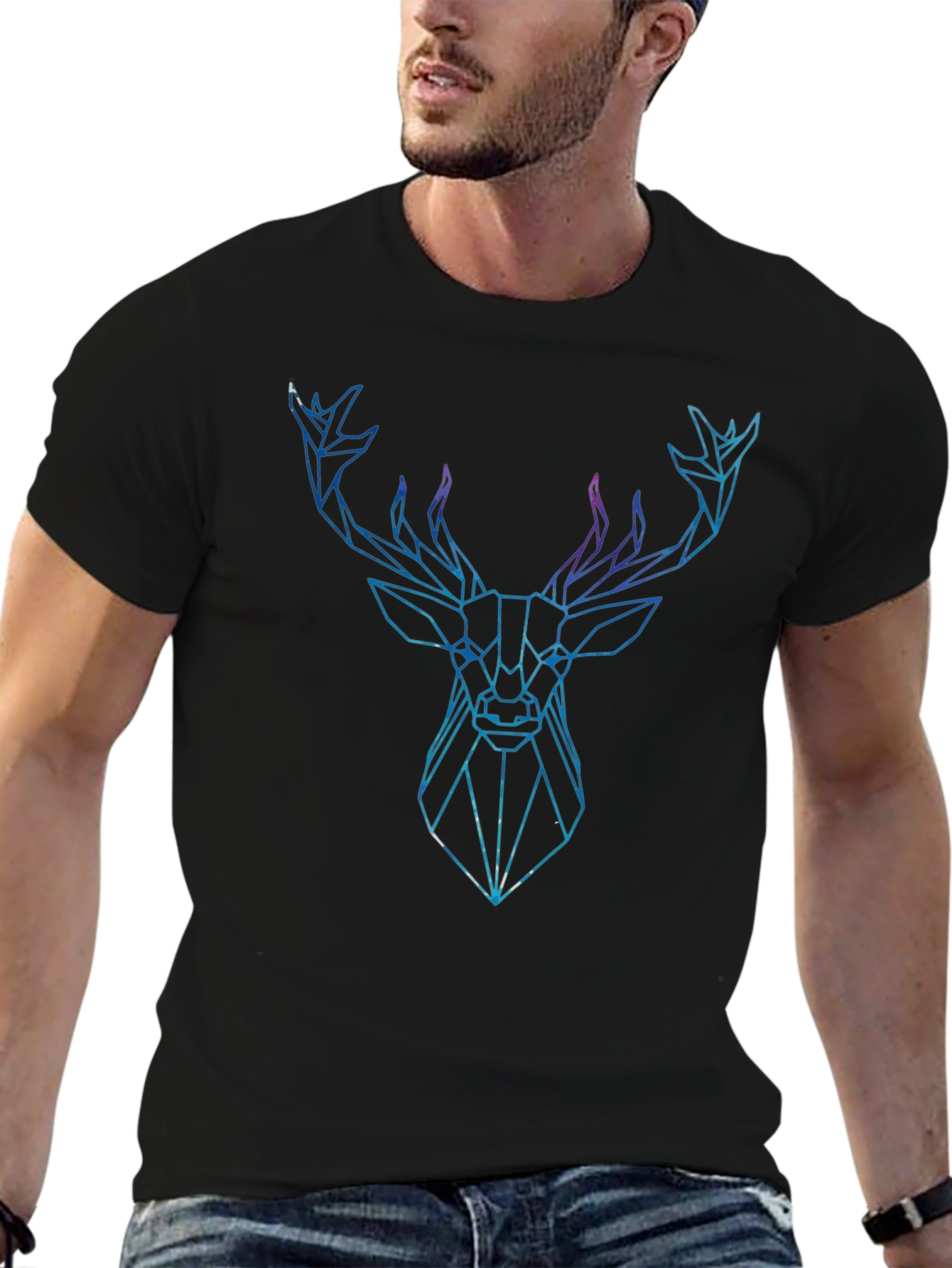 Black Geometric Deer Graphic Tee - Modern Animal Print Shirt view 6