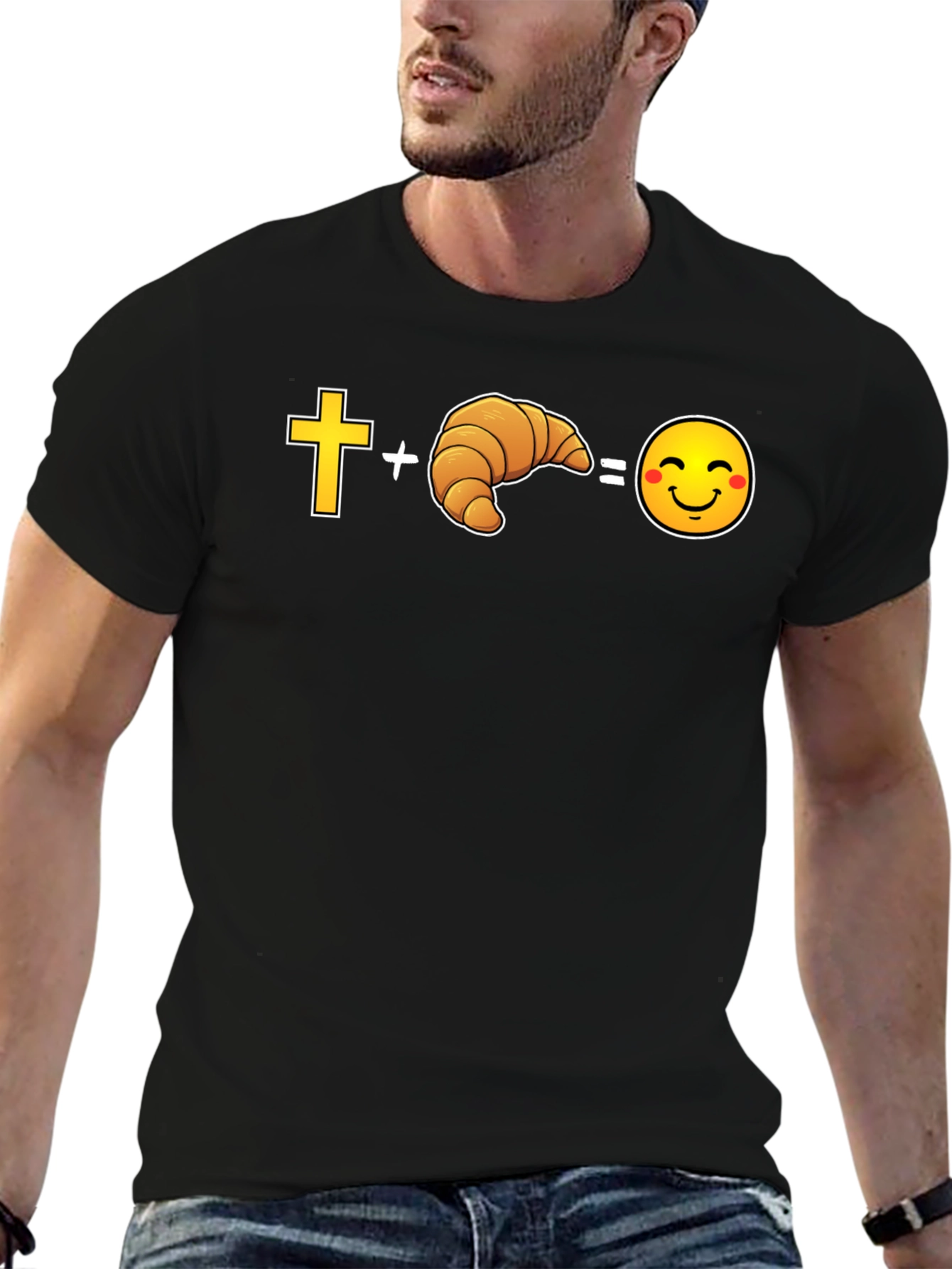 Black Cross Plus Croissant Equals Happy Face Graphic Tee view 6