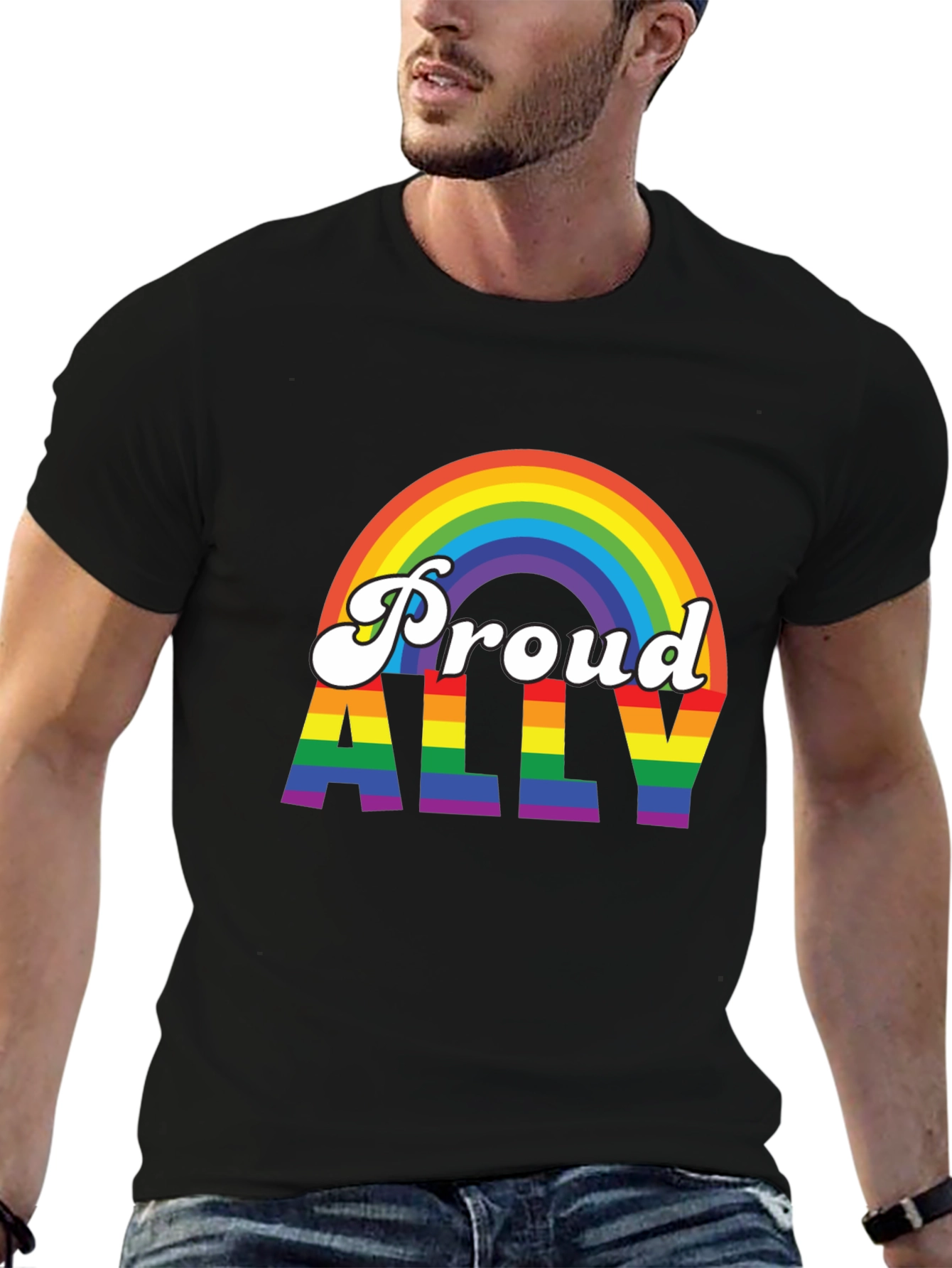 Black Proud Ally Rainbow Graphic T-Shirt view 6