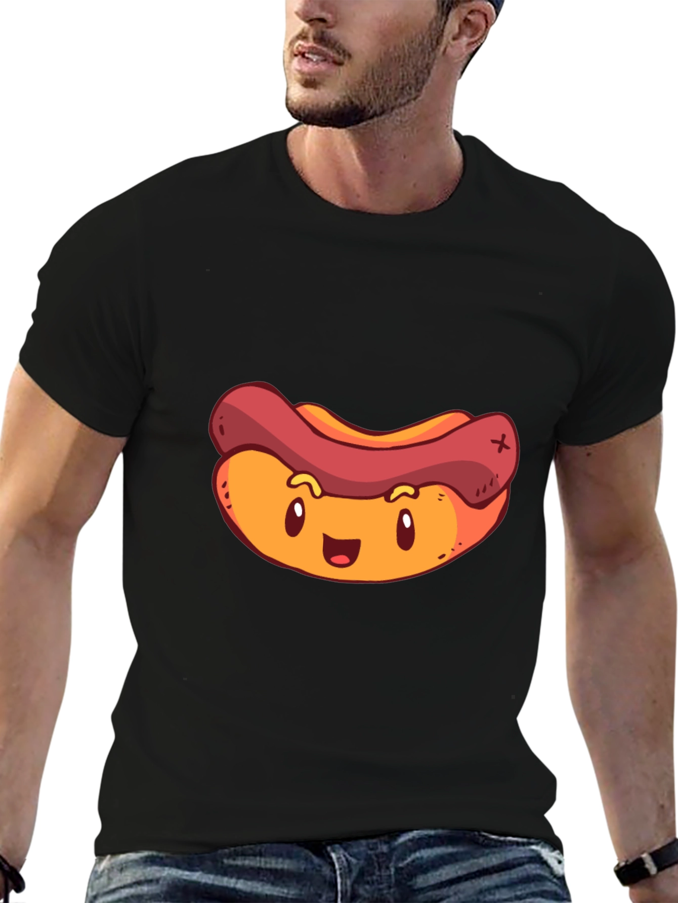 Black Cartoon Hotdog Graphic T-Shirt - Black view 6
