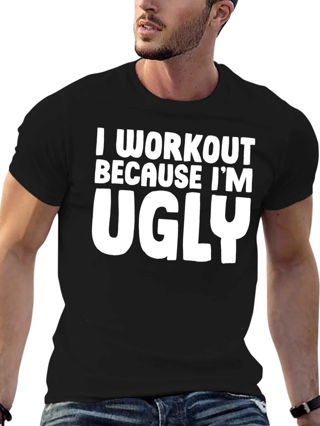 Black Workout Because I'm Ugly T-Shirt - Men's Black Graphic Tee view 6