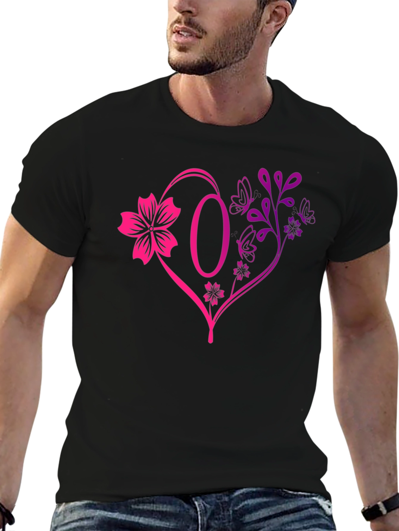 Black Floral Heart Initial T-Shirt - Personalized Letter O Design view 6